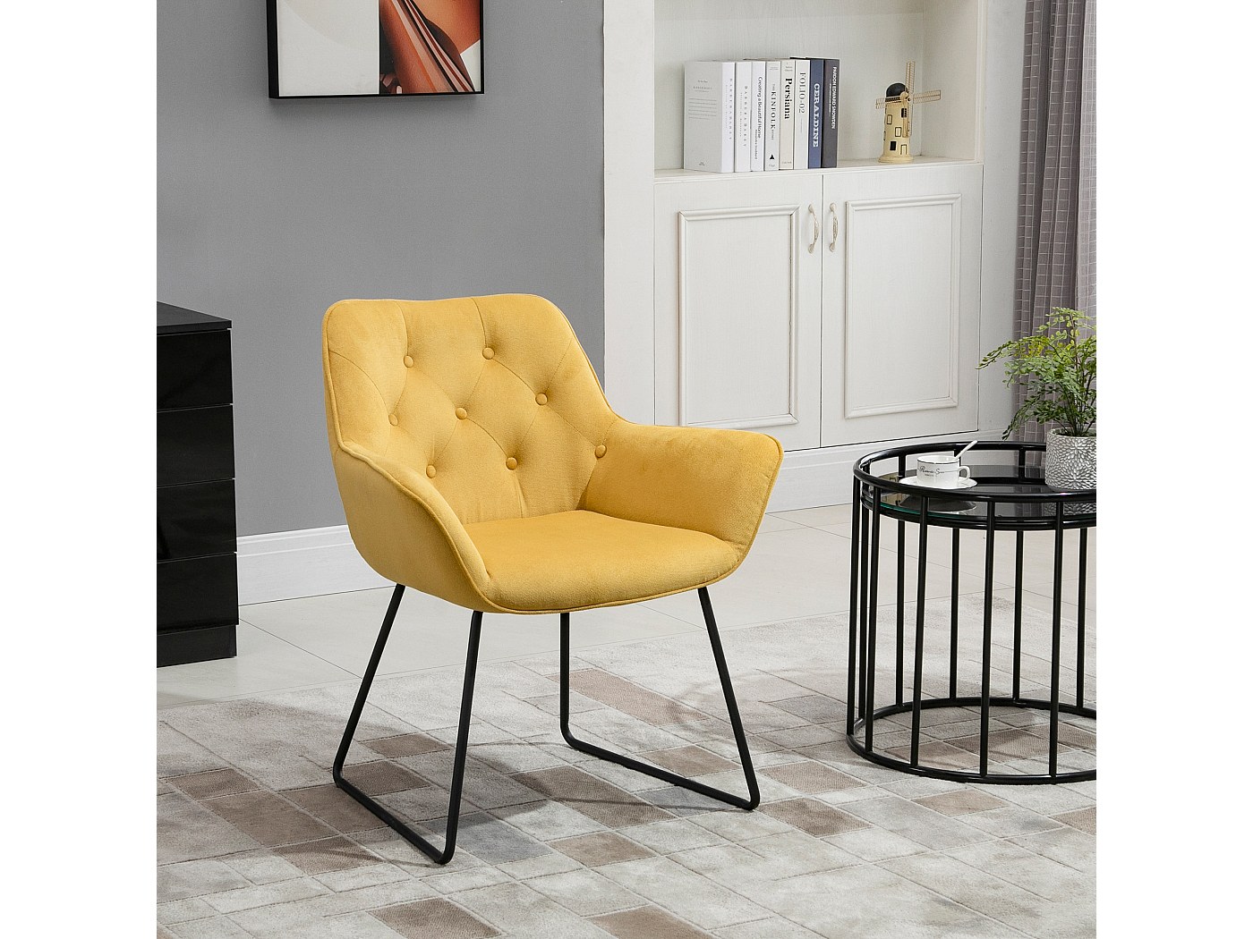 Chaise design contemporain dossier capitonné 9 boutons piètement