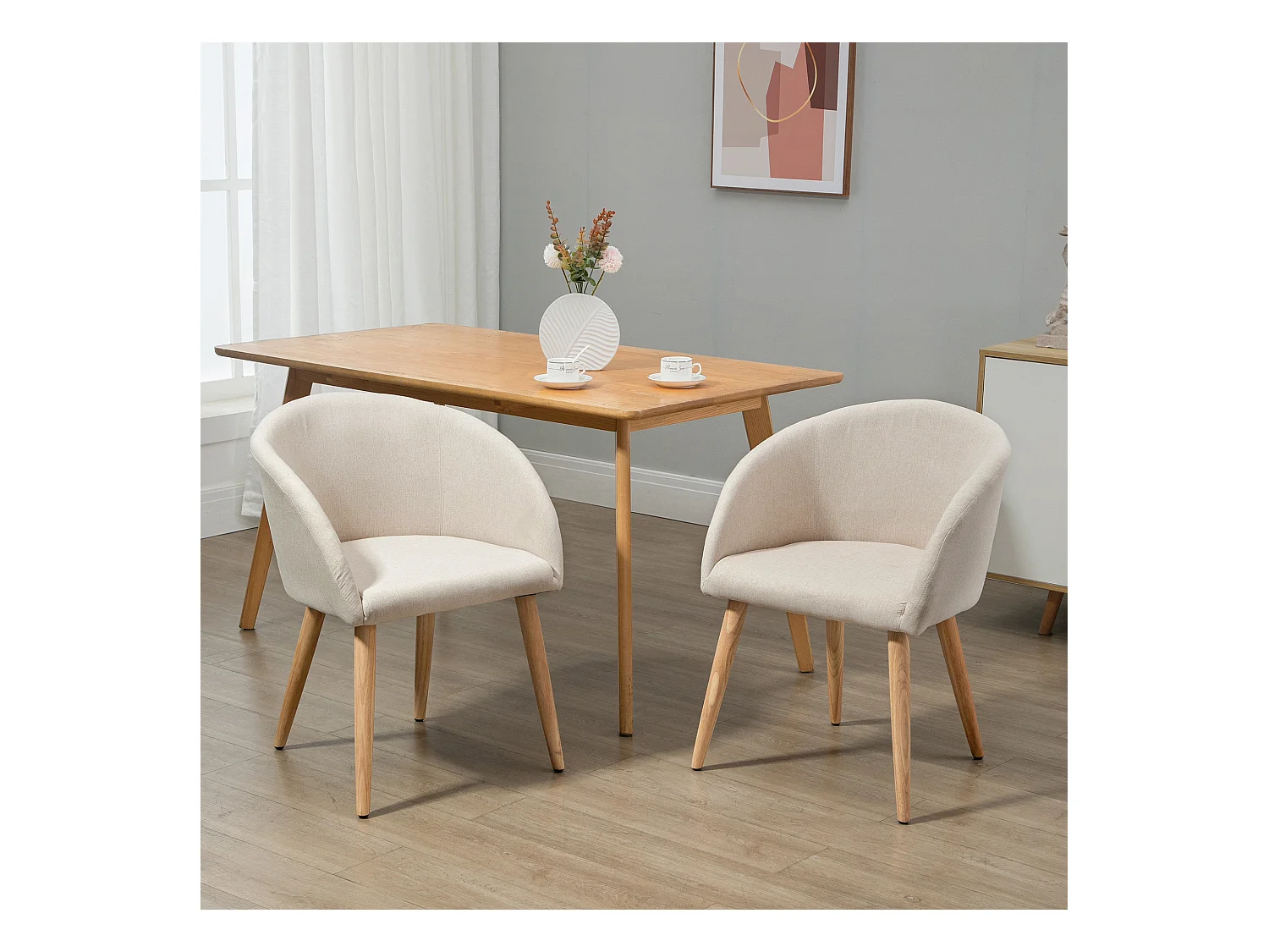 HOMCOM Chaises de visiteur design scandinave - lot de 2 chaises - pieds inclinés effilés bois caoutchouc - assise dossier accoudoirs ergonomiques aspect lin beige