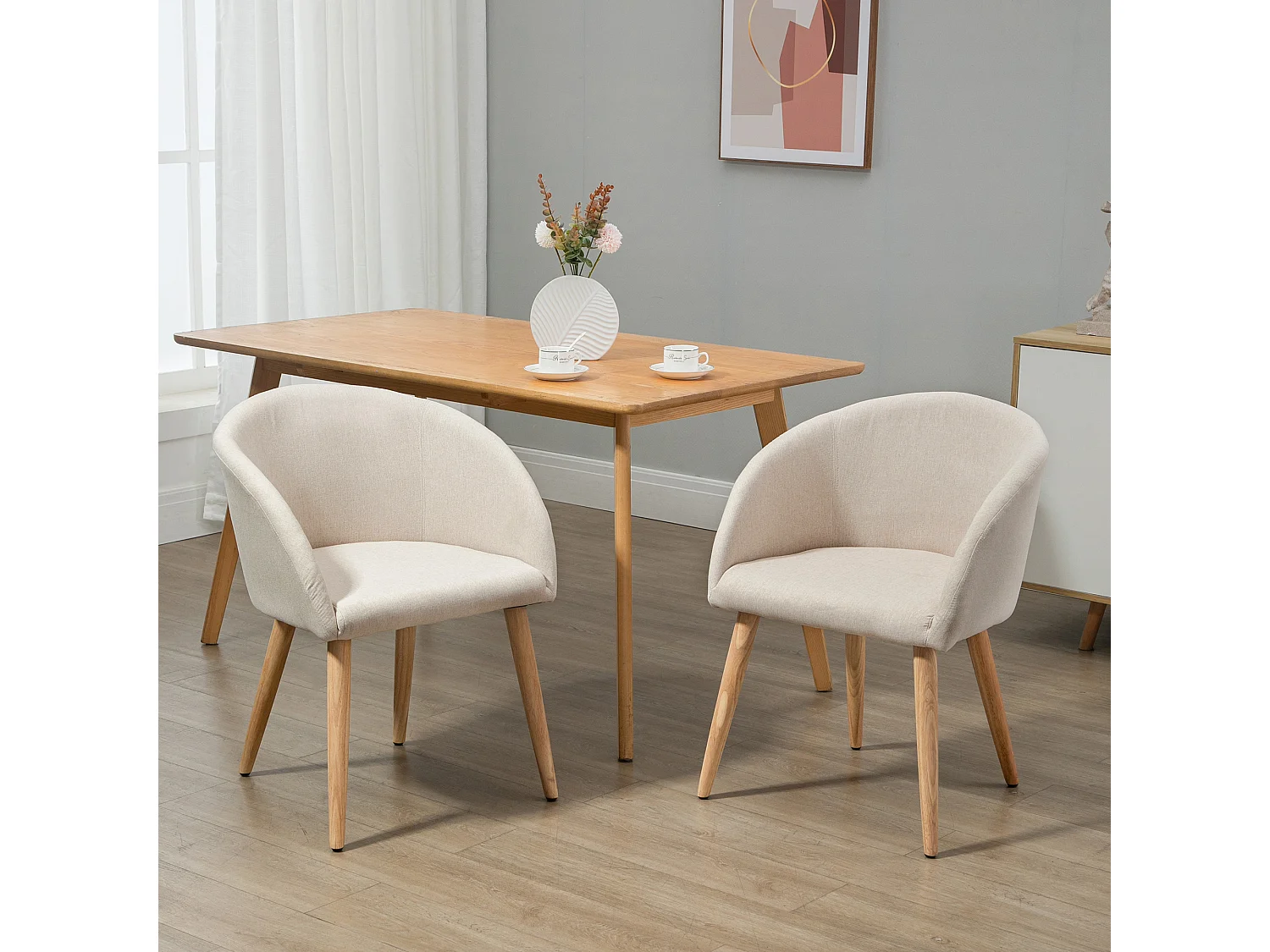 HOMCOM Chaises de visiteur design scandinave - lot de 2 chaises - pieds inclinés effilés bois caoutchouc - assise dossier accoudoirs ergonomiques aspect lin beige