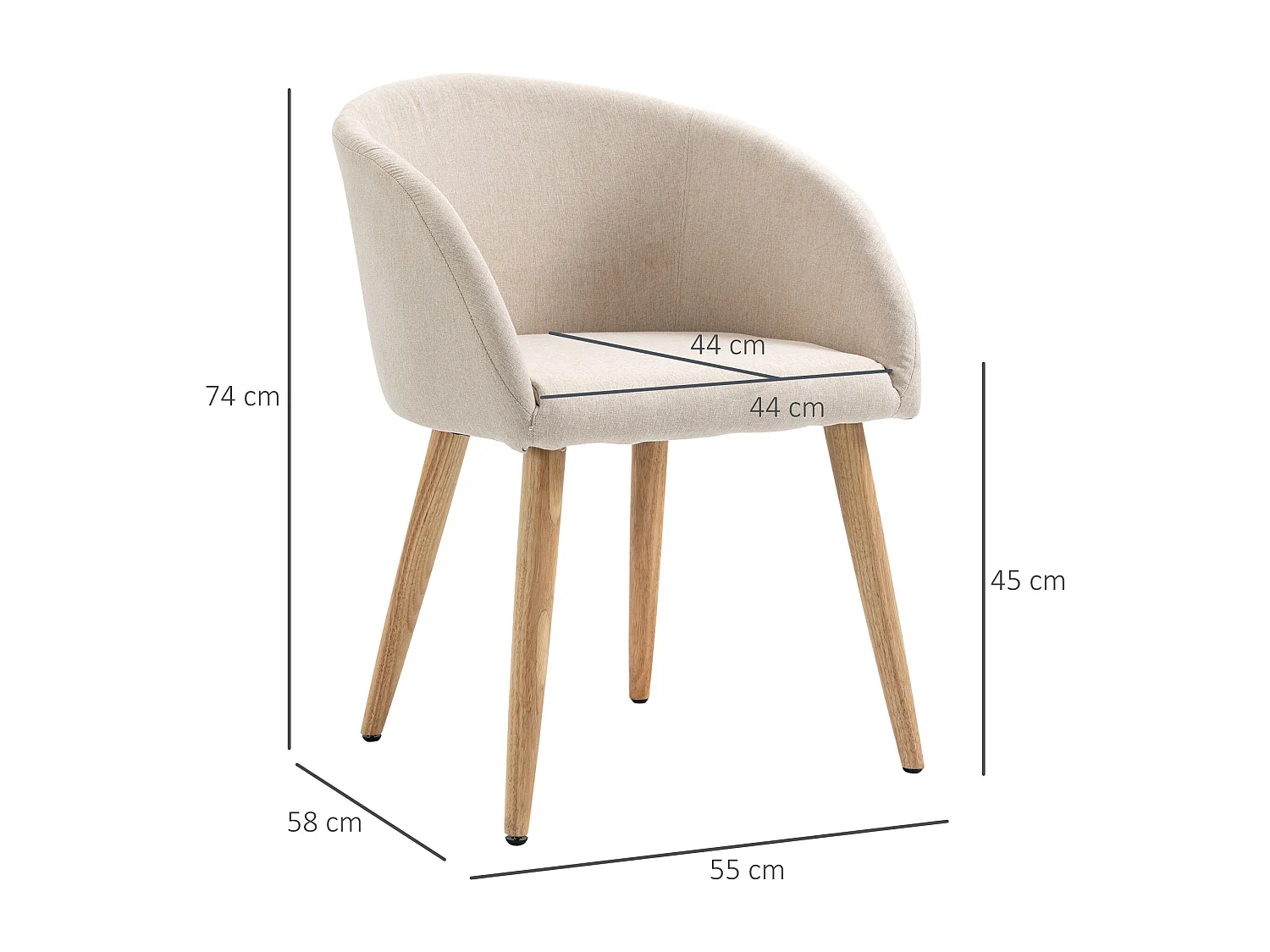 HOMCOM Chaises de visiteur design scandinave - lot de 2 chaises - pieds inclinés effilés bois caoutchouc - assise dossier accoudoirs ergonomiques aspect lin beige