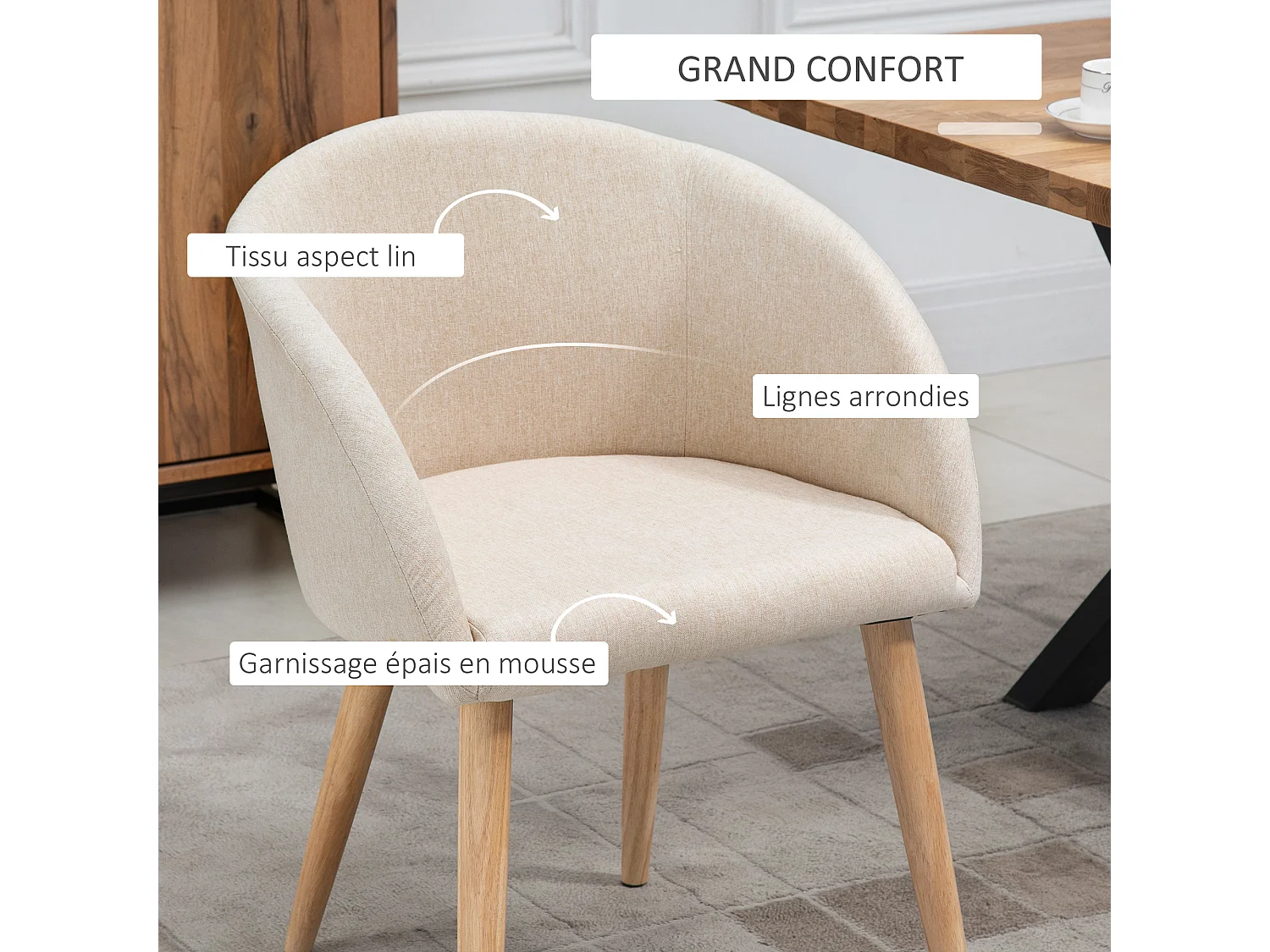 HOMCOM Chaises de visiteur design scandinave - lot de 2 chaises - pieds inclinés effilés bois caoutchouc - assise dossier accoudoirs ergonomiques aspect lin beige