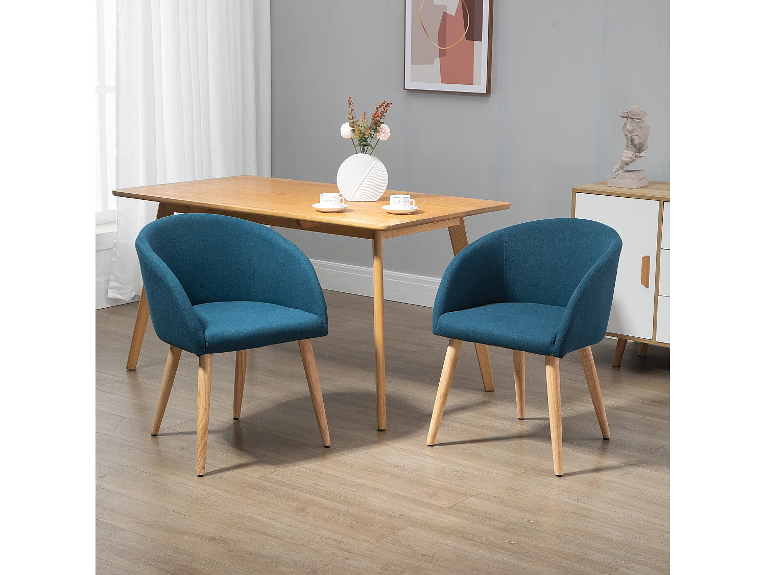 HOMCOM Chaie de viiteur deign candinave - lot de 2 chaie - pied incliné effilé boi caoutchouc - aie doier accoudoir ergonomique apect lin bleu canard