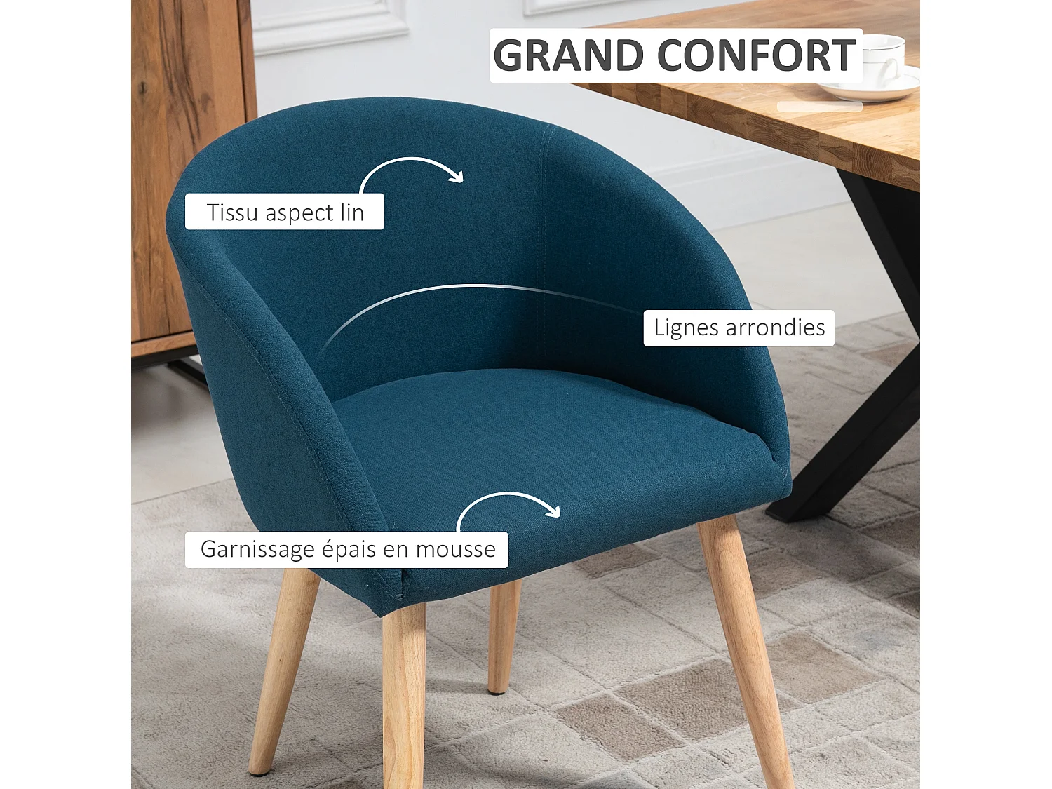 HOMCOM Chaie de viiteur deign candinave - lot de 2 chaie - pied incliné effilé boi caoutchouc - aie doier accoudoir ergonomique apect lin bleu canard