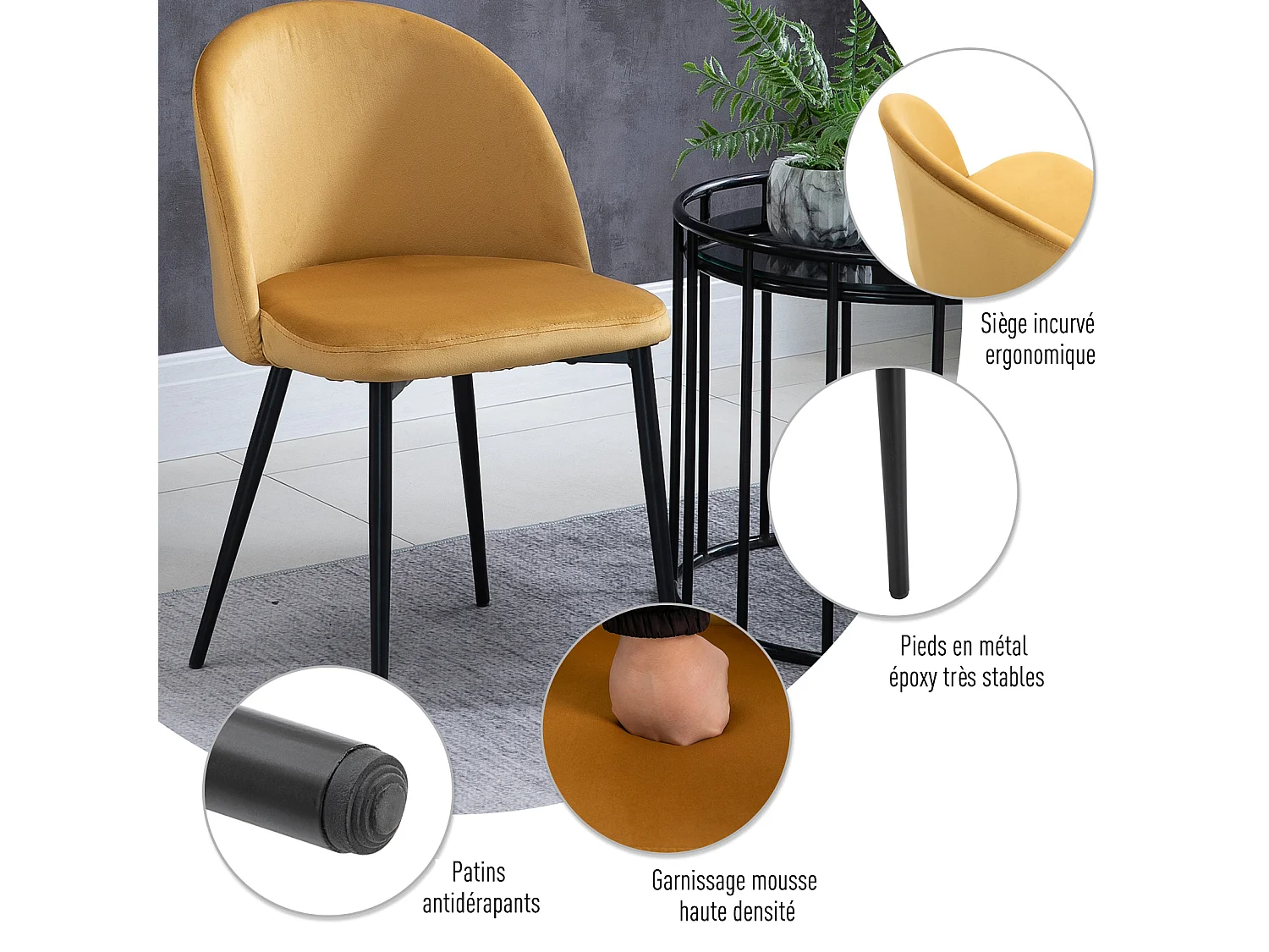 Chaises de visiteur design scandinave - lot de 2 chaises - pieds effilés métal noir - assise dossier ergonomique velours moutarde