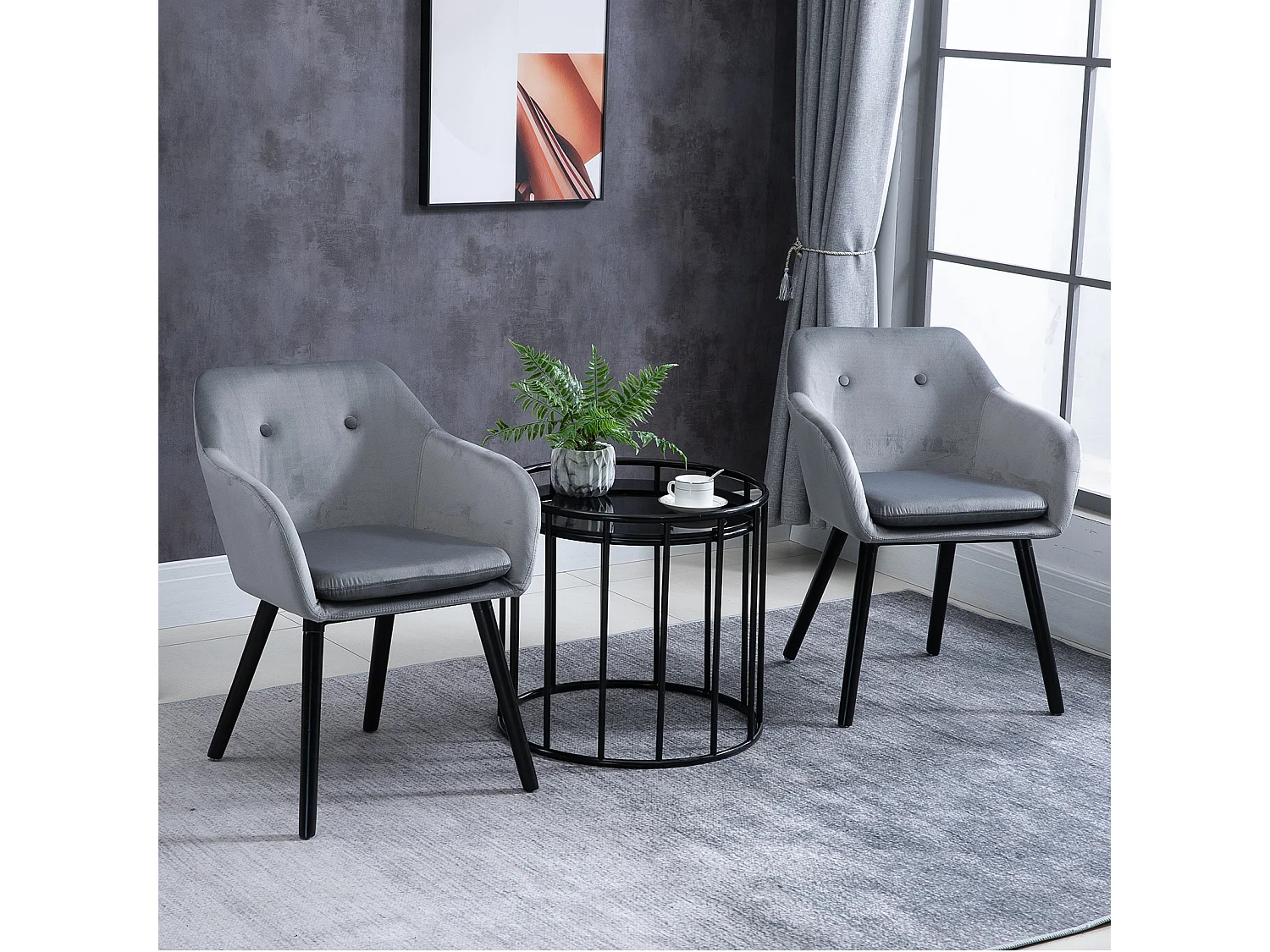 Chaises de visiteur design scandinave - lot de 2 chaises - pieds effilés bois noir - assise dossier accoudoirs ergonomiques velours gris