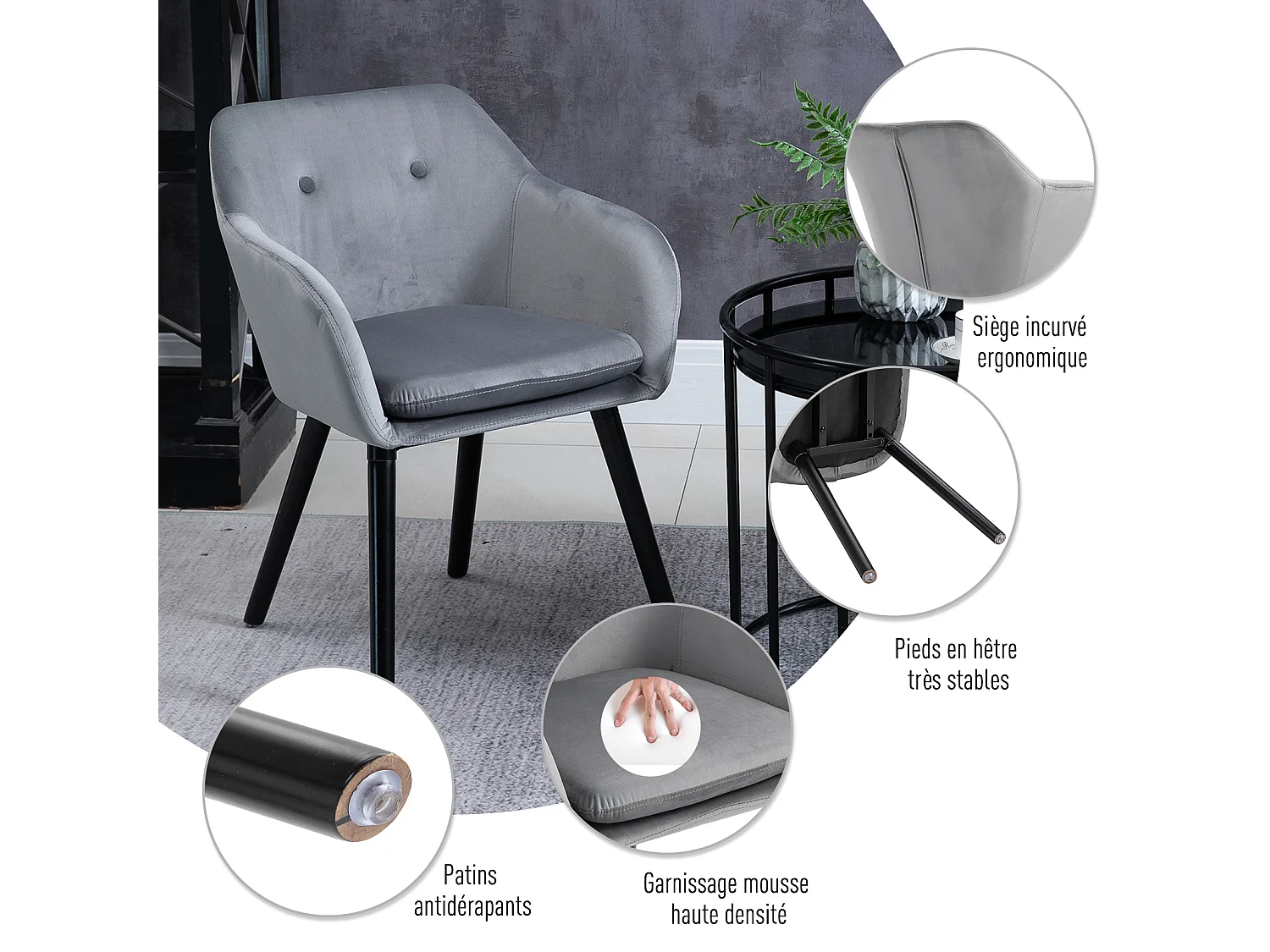 Chaises de visiteur design scandinave - lot de 2 chaises - pieds effilés bois noir - assise dossier accoudoirs ergonomiques velours gris