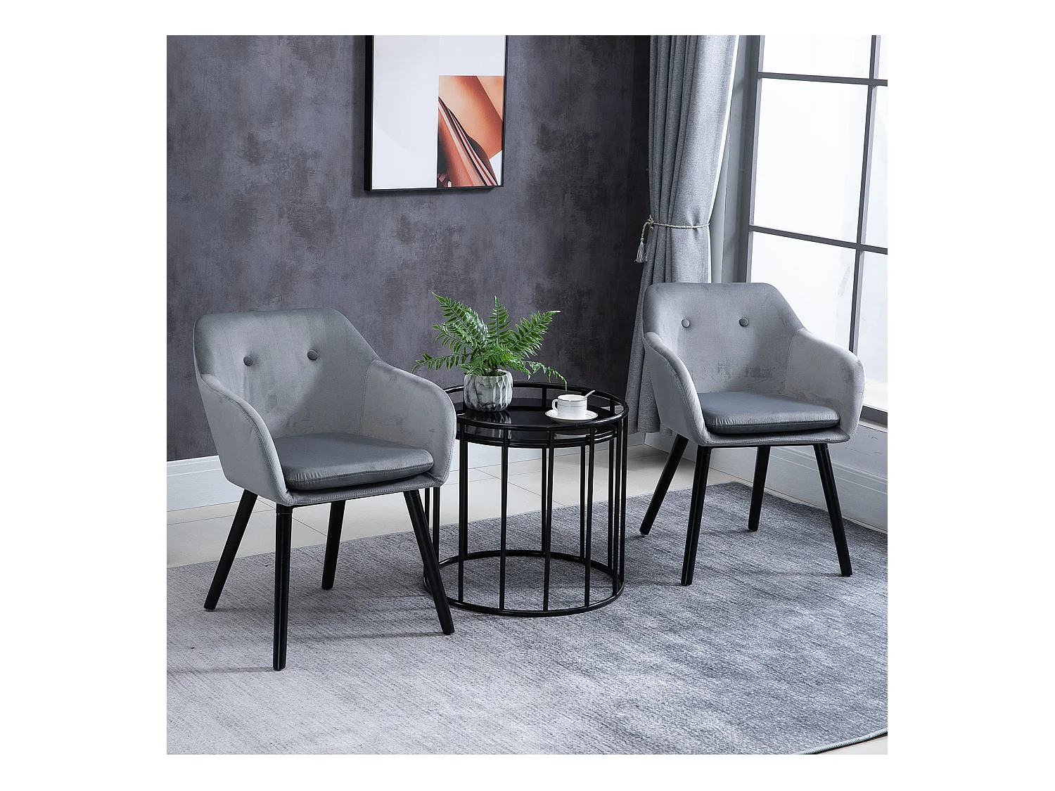 Chaises de visiteur design scandinave - lot de 2 chaises - pieds effilés bois noir - assise dossier accoudoirs ergonomiques velours gris