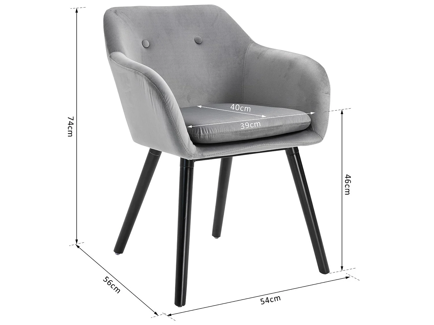 Chaises de visiteur design scandinave - lot de 2 chaises - pieds effilés bois noir - assise dossier accoudoirs ergonomiques velours gris
