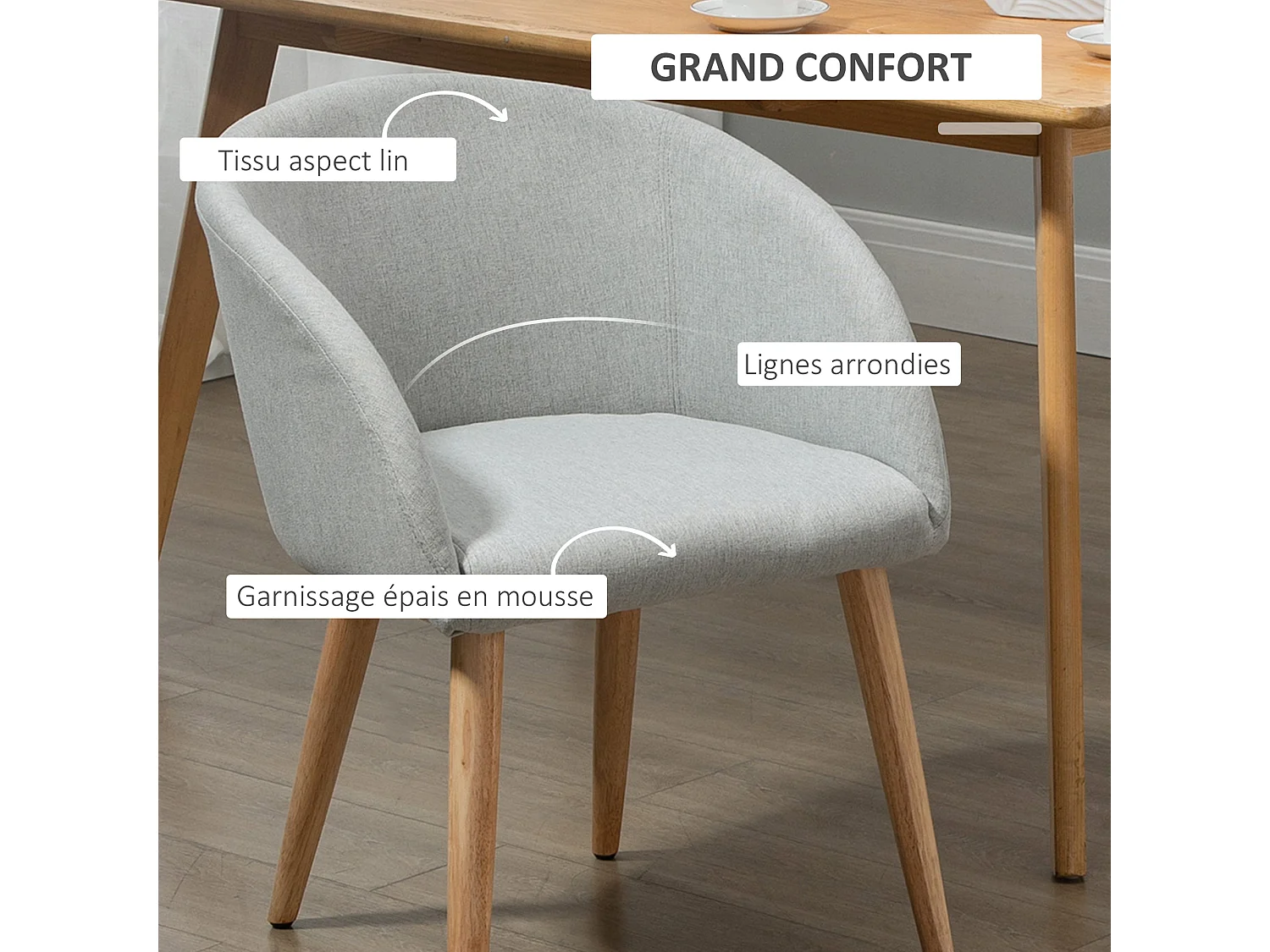 HOMCOM Chaises de visiteur design scandinave - lot de 2 chaises - pieds inclinés effilés bois caoutchouc - assise dossier accoudoirs ergonomiques aspect lin gris