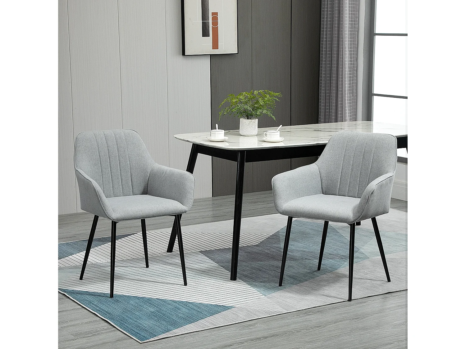 Chaises de visiteur design scandinave - lot de 2 chaises - pieds effilés métal noir - assise dossier accoudoirs ergonomiques lin gris