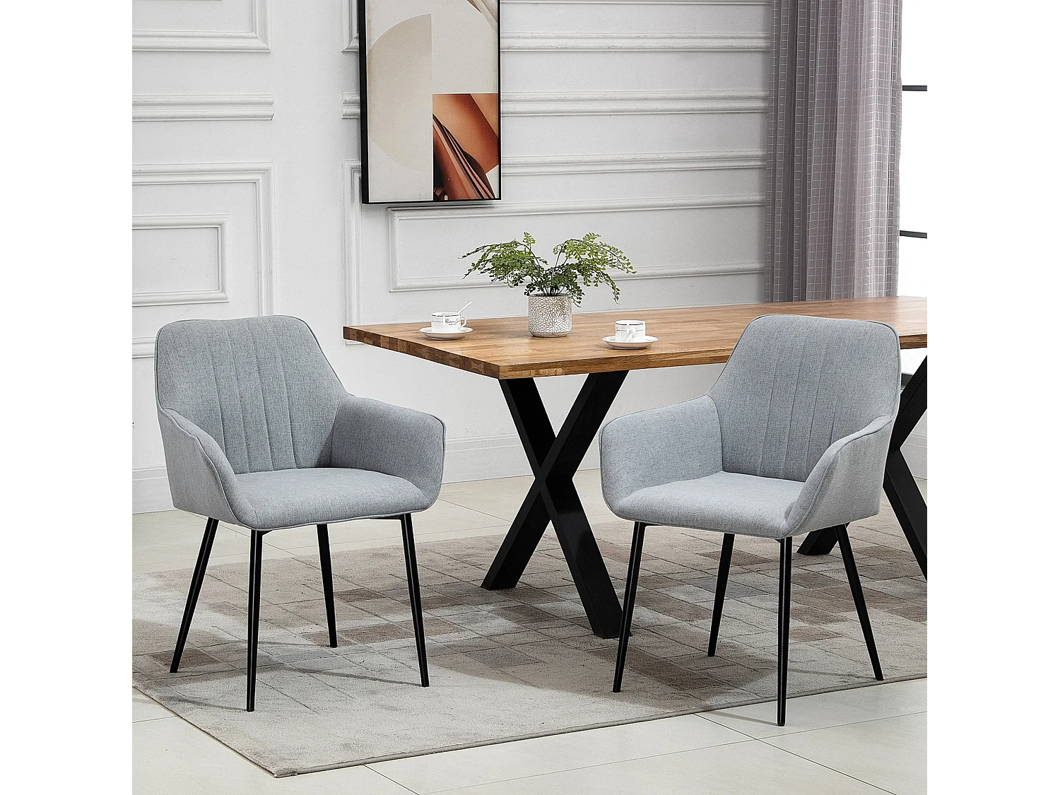 Chaises de visiteur design scandinave - lot de 2 chaises - pieds effilés métal noir - assise dossier accoudoirs ergonomiques lin gris