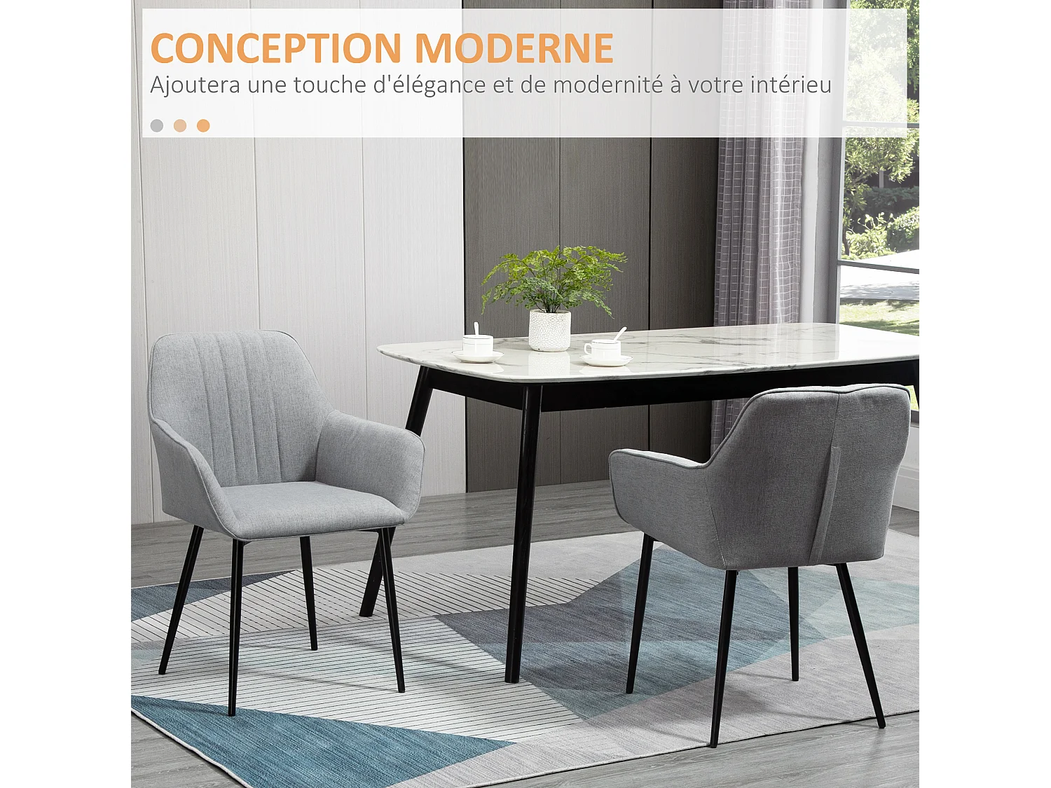 Chaises de visiteur design scandinave - lot de 2 chaises - pieds effilés métal noir - assise dossier accoudoirs ergonomiques lin gris