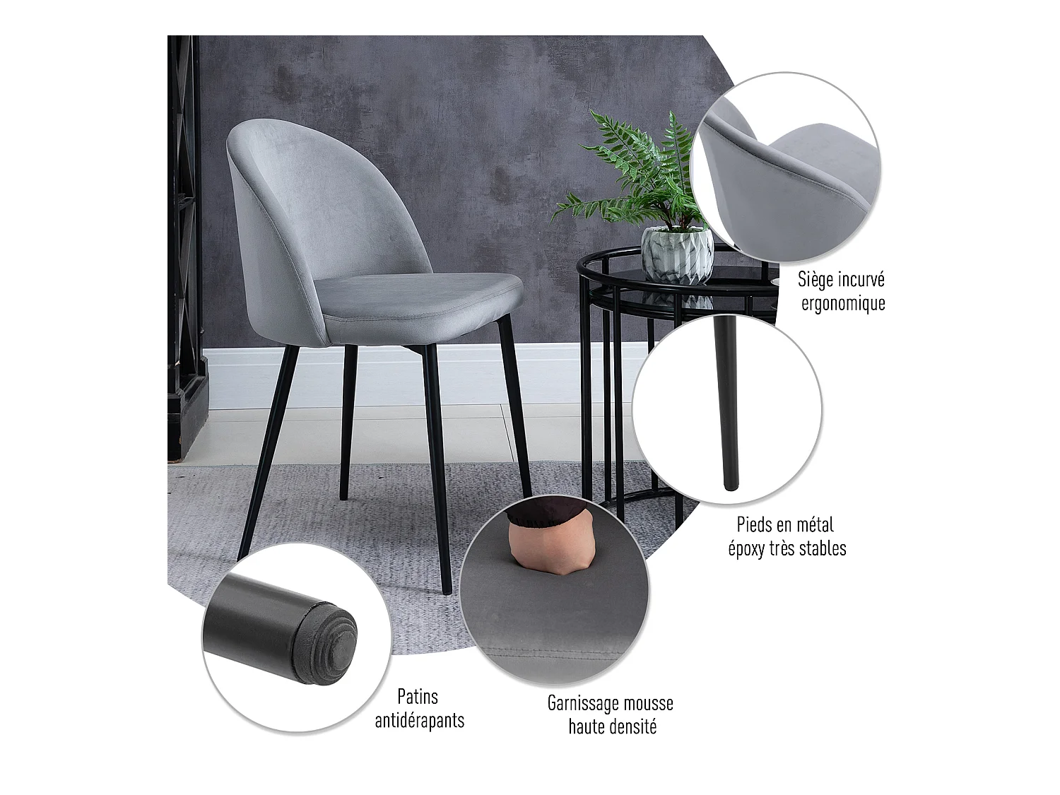 Chaises de visiteur design scandinave - lot de 2 chaises - pieds effilés métal noir - assise dossier ergonomique velours gris