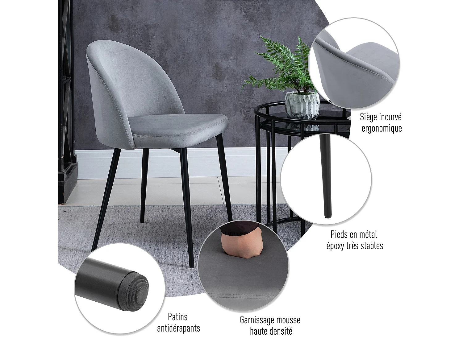 Chaises de visiteur design scandinave - lot de 2 chaises - pieds effilés métal noir - assise dossier ergonomique velours gris