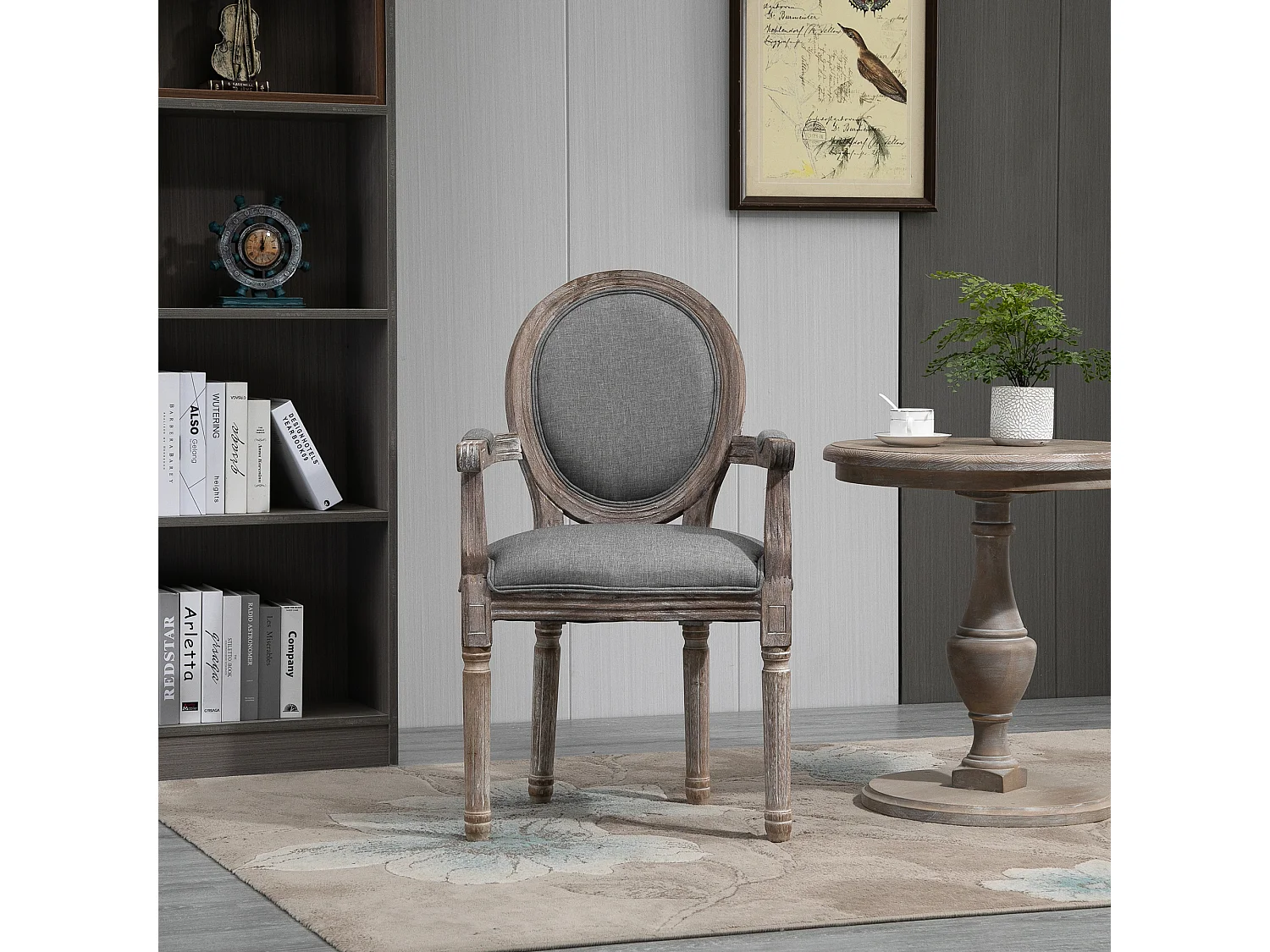 Chaise de salle à manger chaise de salon médaillon style Louis XVI bois massif patiné sculpté tissu lin gris