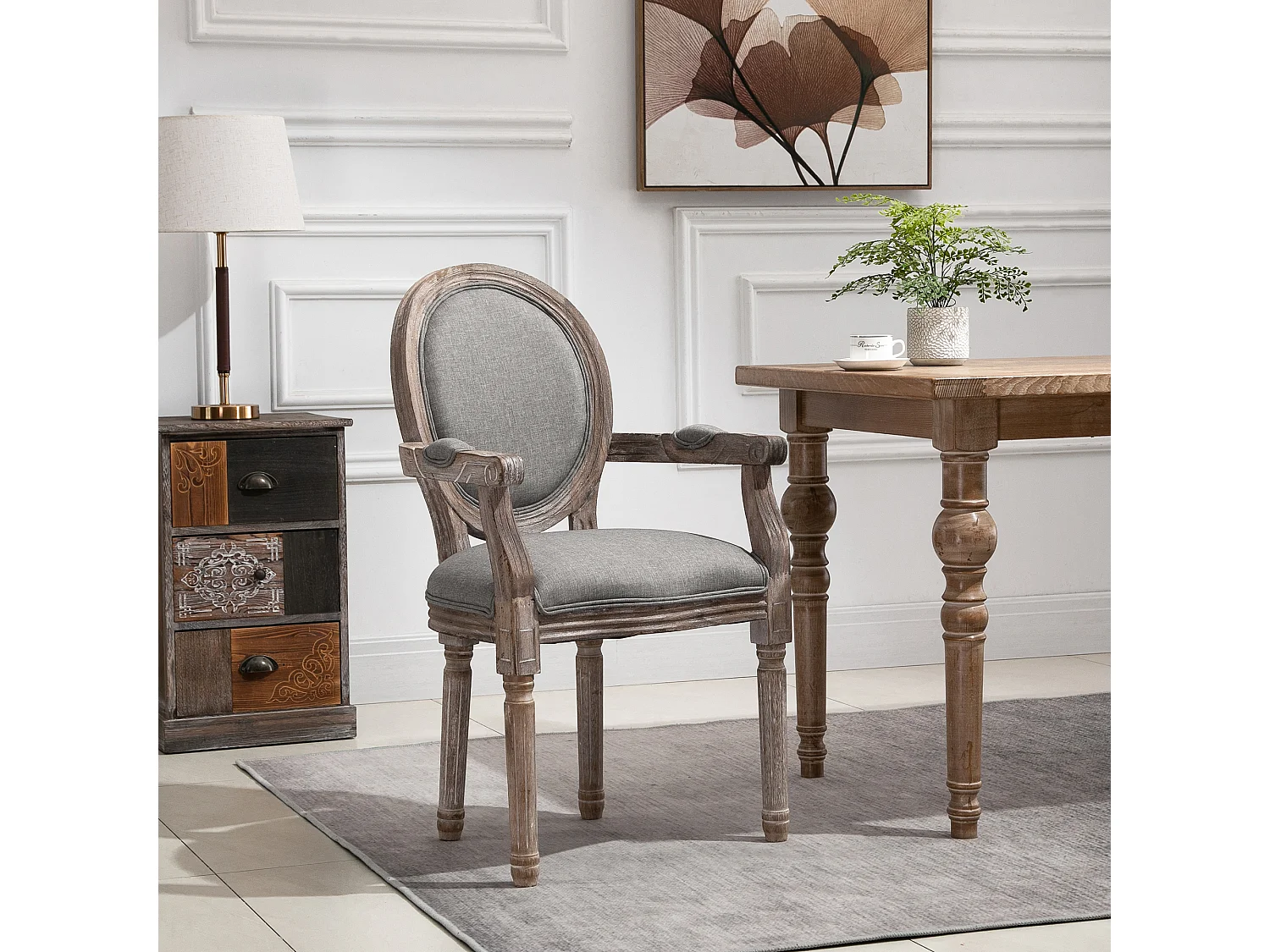 Chaise de salle à manger chaise de salon médaillon style Louis XVI bois massif patiné sculpté tissu lin gris