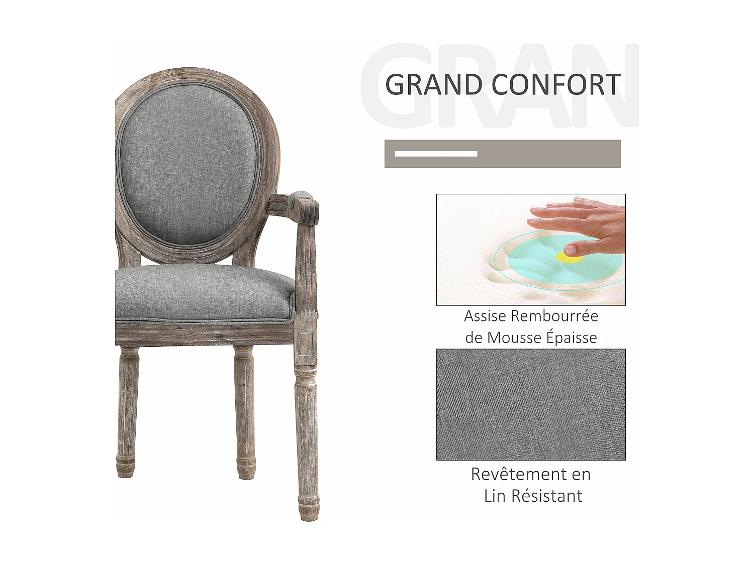 Chaise de salle à manger chaise de salon médaillon style Louis XVI bois massif patiné sculpté tissu lin gris