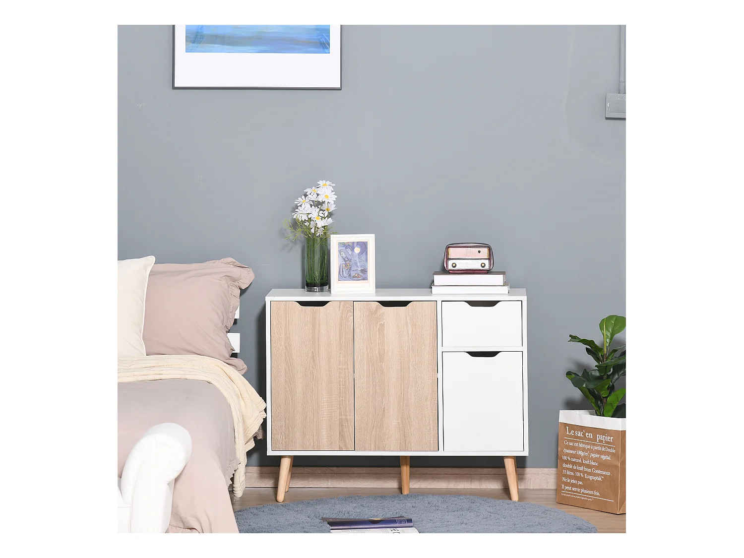 Buffet design scandinave 2 placards tiroir coulissant pieds bois massif pin panneaux particules blanc chêne clair