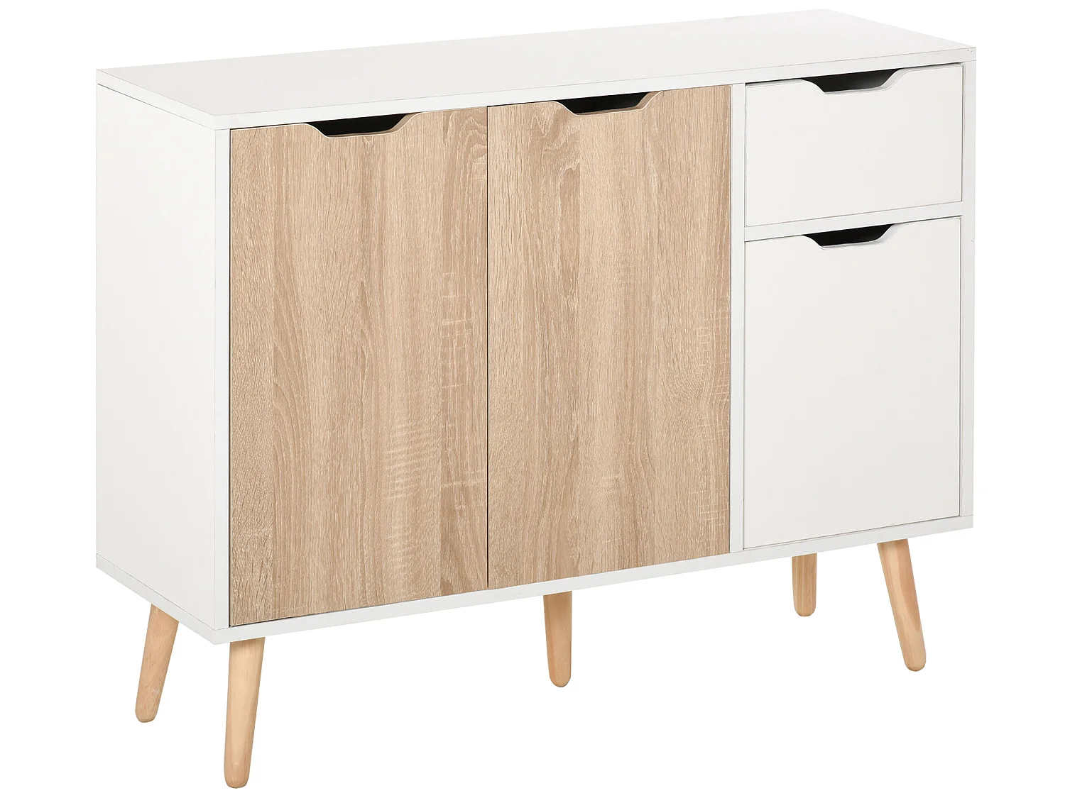 Buffet design scandinave 2 placards tiroir coulissant pieds bois massif pin panneaux particules blanc chêne clair
