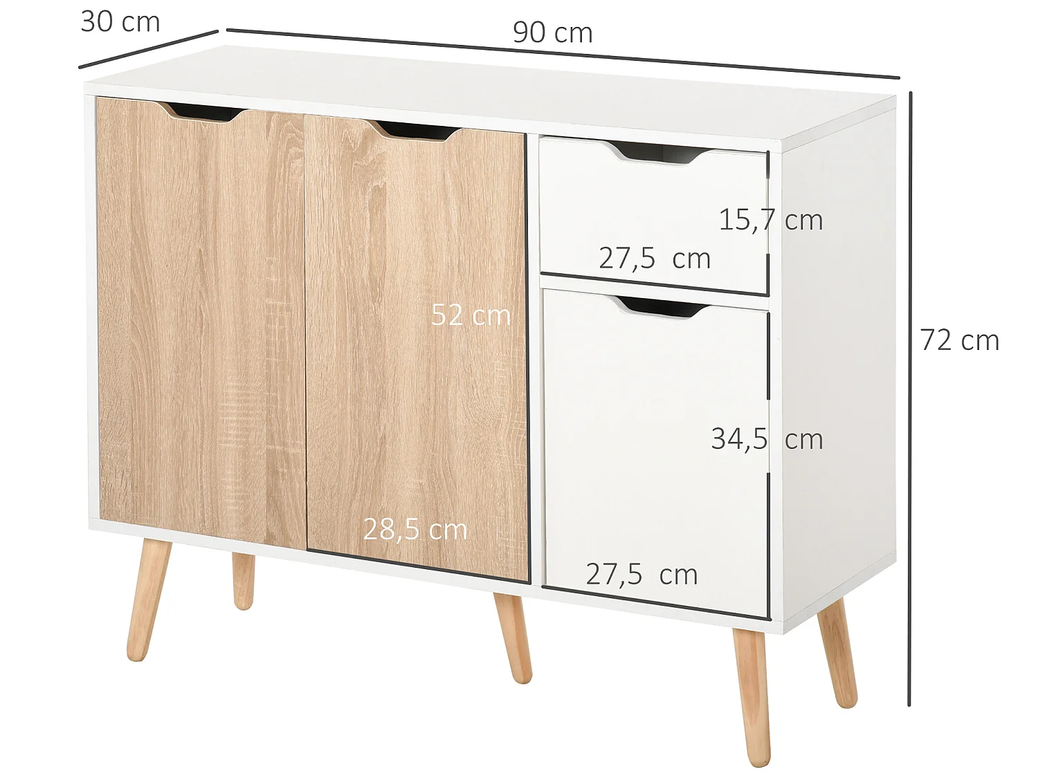 Buffet design scandinave 2 placards tiroir coulissant pieds bois massif pin panneaux particules blanc chêne clair