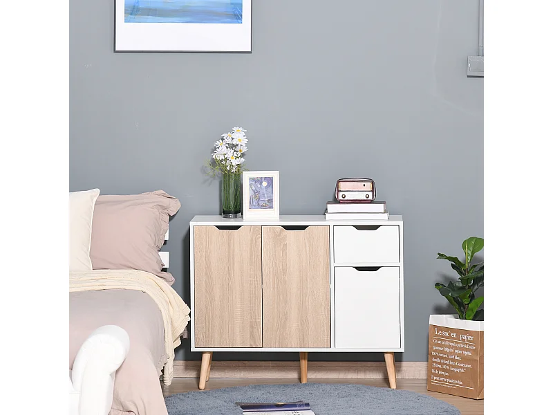 Buffet design scandinave 2 placards tiroir coulissant pieds bois massif pin panneaux particules blanc chêne clair