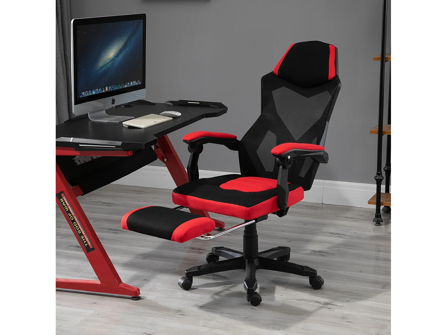 Fauteuil gaming chaise gamer dossier et hauteur réglable roulettes pivotantes repose-pied tissu maille rouge noir