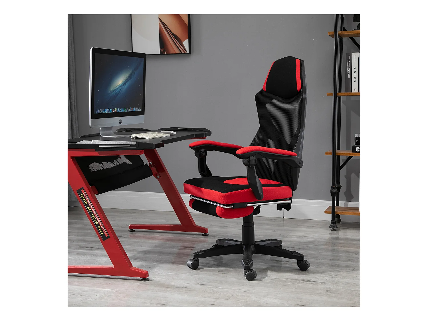 Fauteuil gaming chaise gamer dossier et hauteur réglable roulettes pivotantes repose-pied tissu maille rouge noir