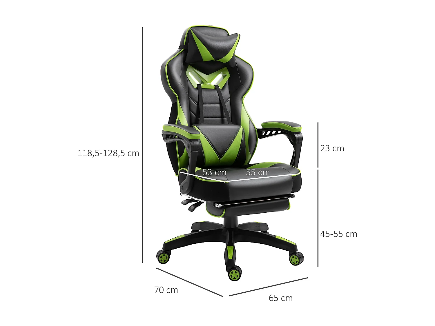 Vinsetto Fauteuil de bureau gamer style baquet racing - pivotant, inclinable - coussin lombaire, tétière, repose-pieds inclus - revêtement synthétique vert noir