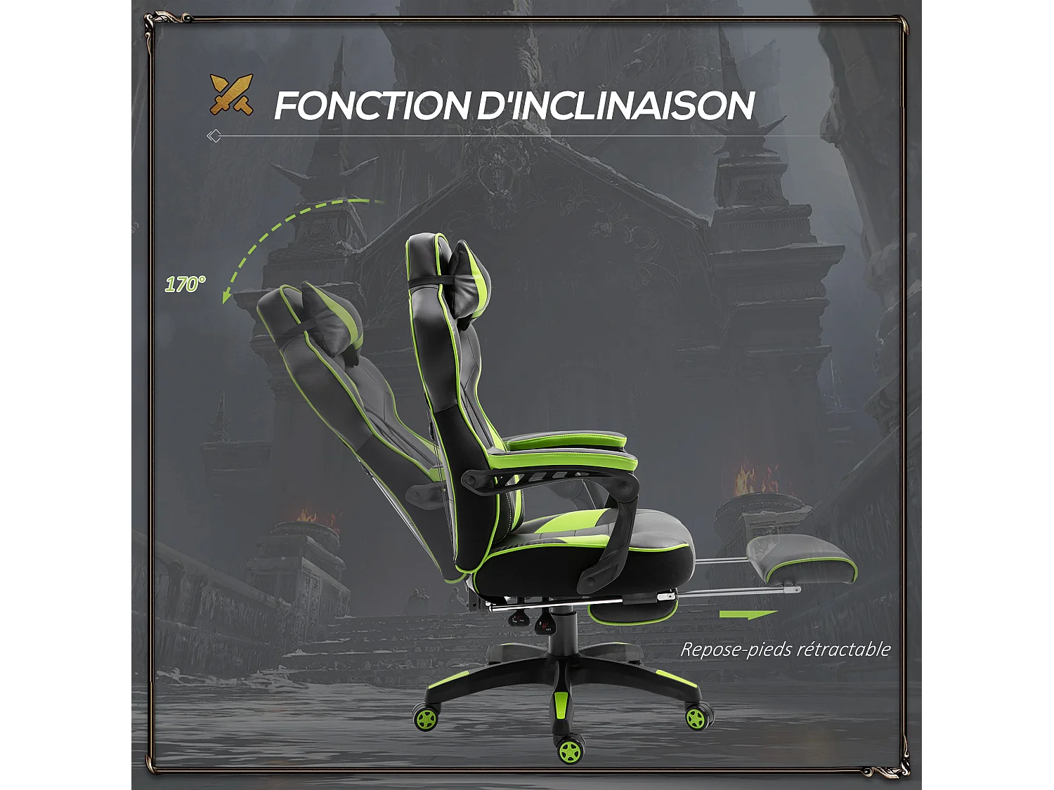 Vinsetto Fauteuil de bureau gamer style baquet racing - pivotant, inclinable - coussin lombaire, tétière, repose-pieds inclus - revêtement synthétique vert noir