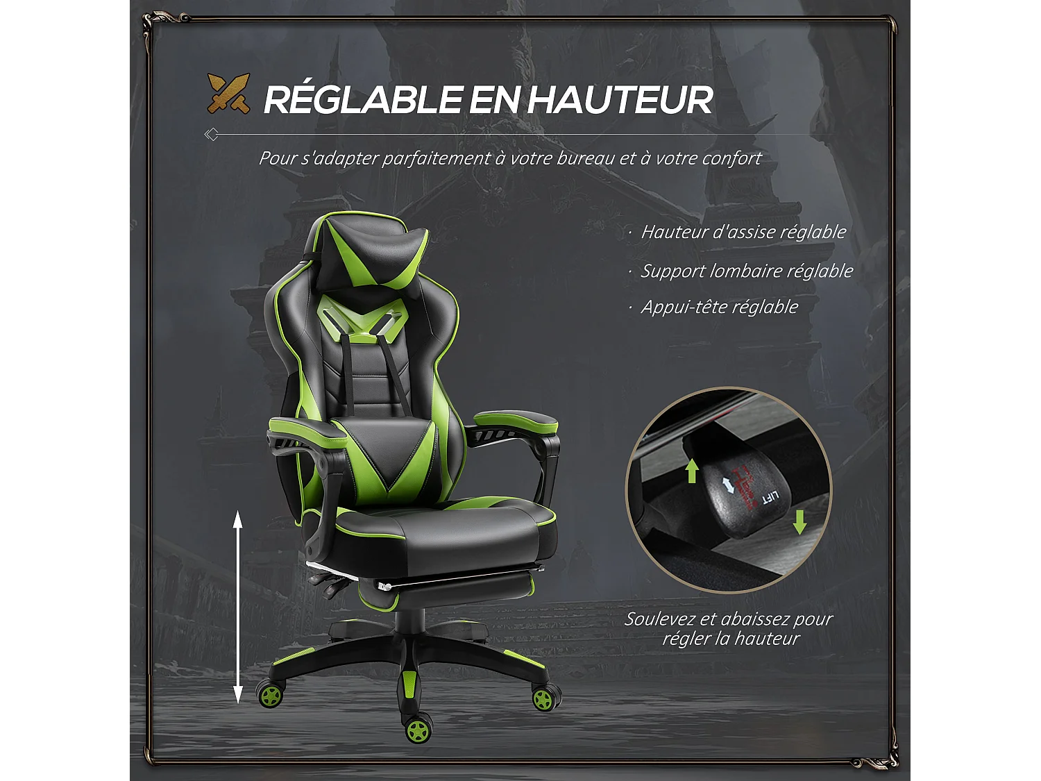 Vinsetto Fauteuil de bureau gamer style baquet racing - pivotant, inclinable - coussin lombaire, tétière, repose-pieds inclus - revêtement synthétique vert noir