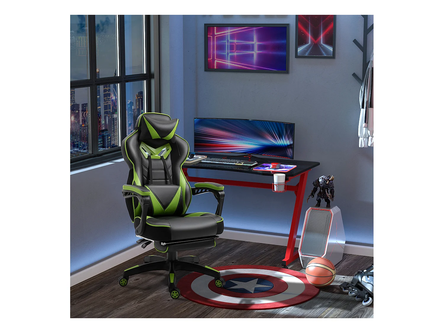 Vinsetto Fauteuil de bureau gamer style baquet racing - pivotant, inclinable - coussin lombaire, tétière, repose-pieds inclus - revêtement synthétique vert noir
