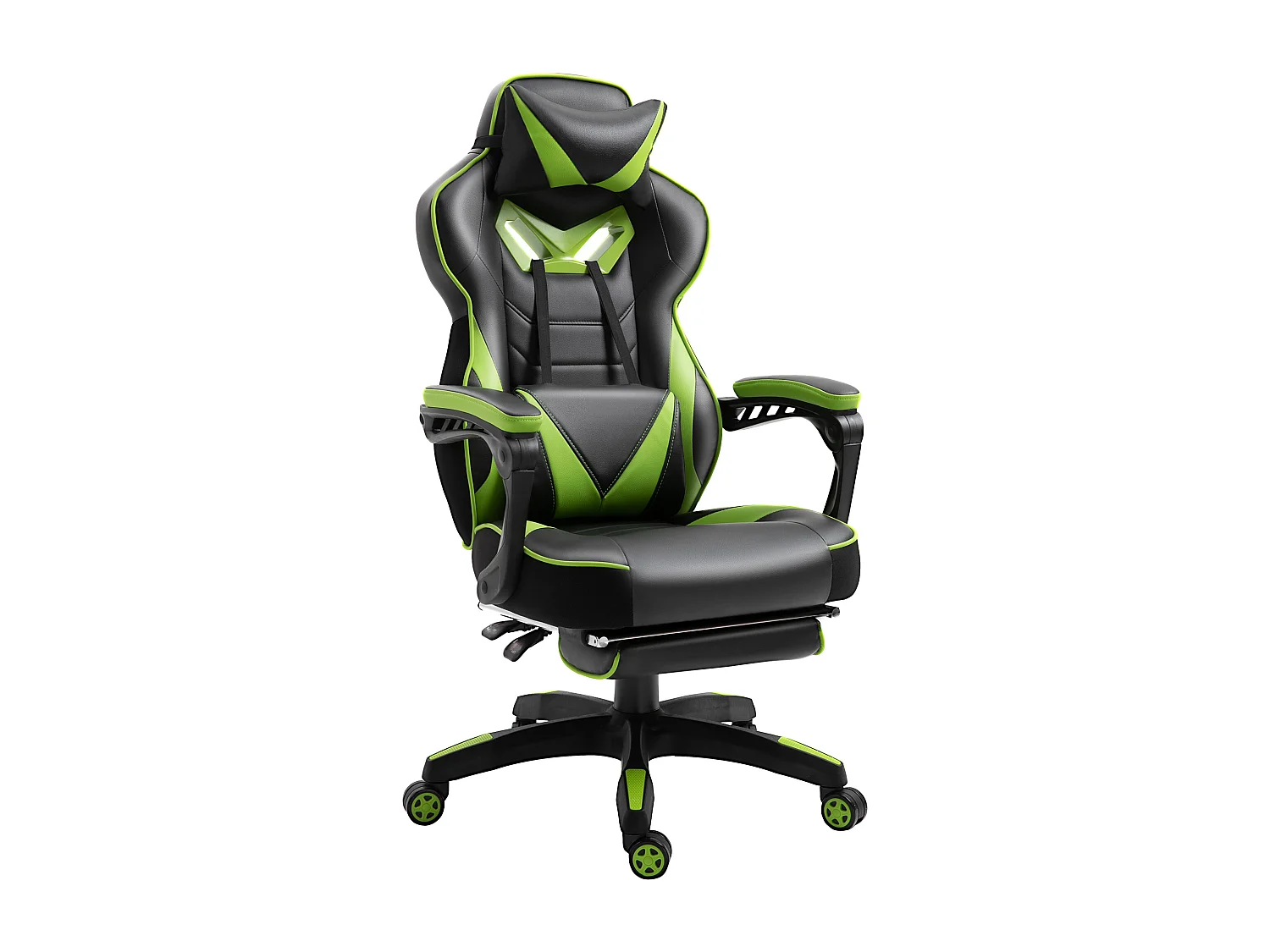 Vinsetto Fauteuil de bureau gamer style baquet racing - pivotant, inclinable - coussin lombaire, tétière, repose-pieds inclus - revêtement synthétique vert noir