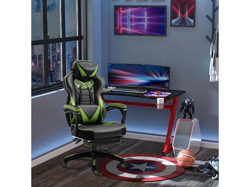 Vinsetto Fauteuil de bureau gamer style baquet racing - pivotant, inclinable - coussin lombaire, tétière, repose-pieds inclus - revêtement synthétique vert noir