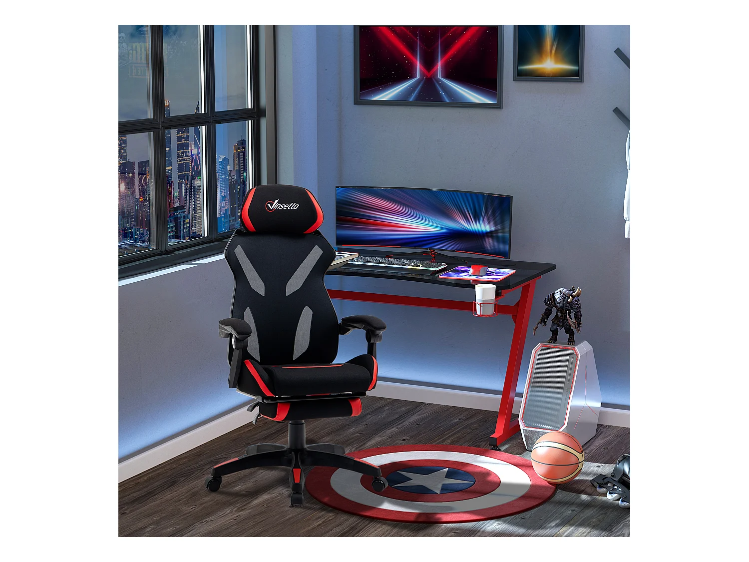 Vinsetto Fauteuil gaming chaise gamer réglable pivotant dossier inclinable repose-pied polyester rouge noir