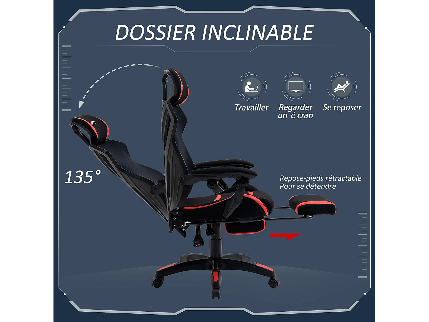 Vinsetto Fauteuil gaming chaise gamer réglable pivotant dossier inclinable repose-pied polyester rouge noir