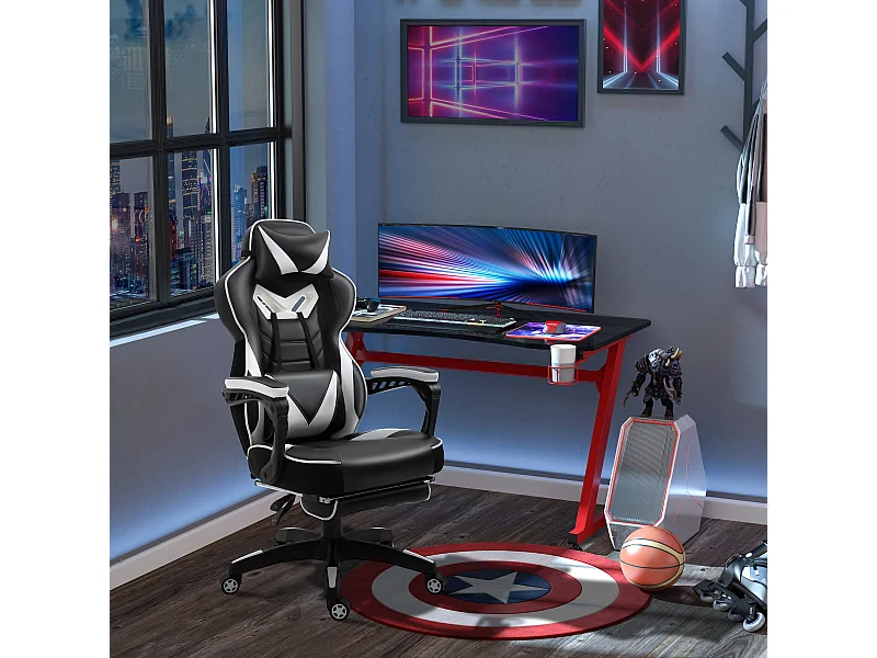 Vinsetto Fauteuil de bureau gamer style baquet racing - pivotant, inclinable - coussin lombaire, tétière, repose-pieds inclus - revêtement synthétique blanc noir