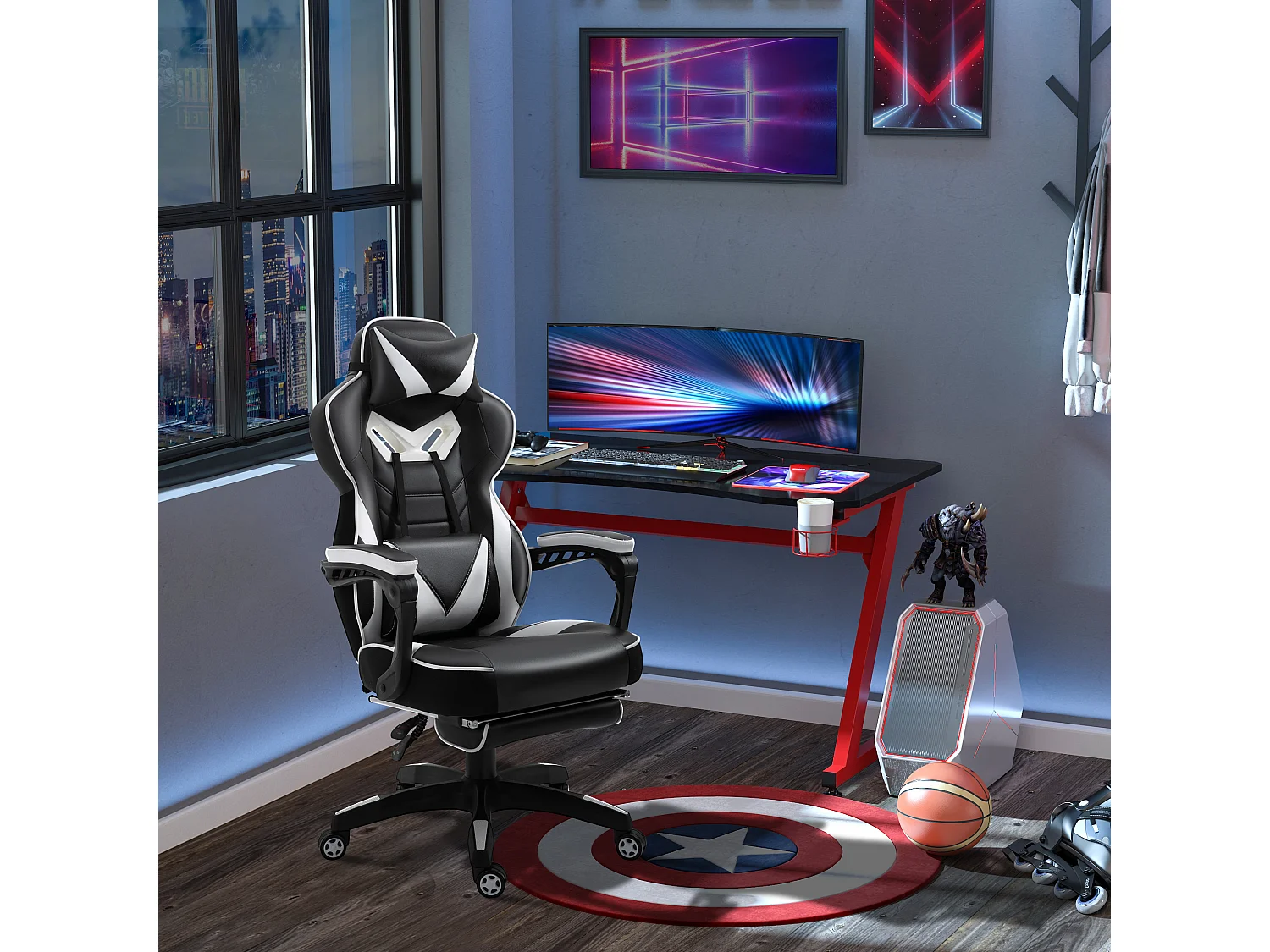 Vinsetto Fauteuil de bureau gamer style baquet racing - pivotant, inclinable - coussin lombaire, tétière, repose-pieds inclus - revêtement synthétique blanc noir