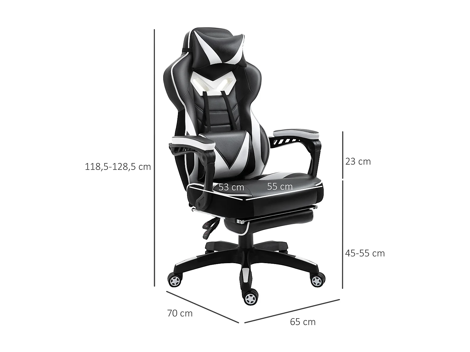 Vinsetto Fauteuil de bureau gamer style baquet racing - pivotant, inclinable - coussin lombaire, tétière, repose-pieds inclus - revêtement synthétique blanc noir