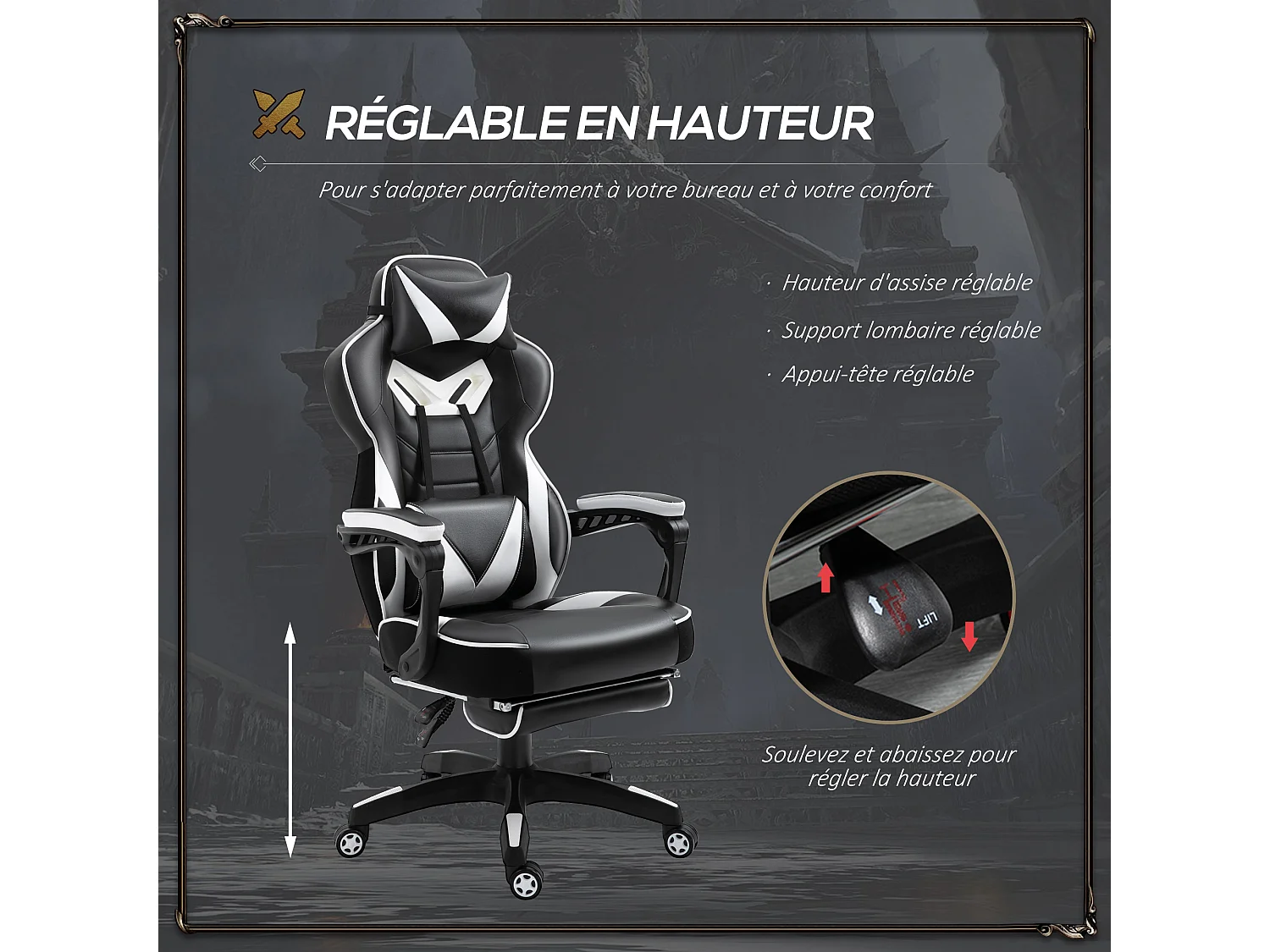 Vinsetto Fauteuil de bureau gamer style baquet racing - pivotant, inclinable - coussin lombaire, tétière, repose-pieds inclus - revêtement synthétique blanc noir
