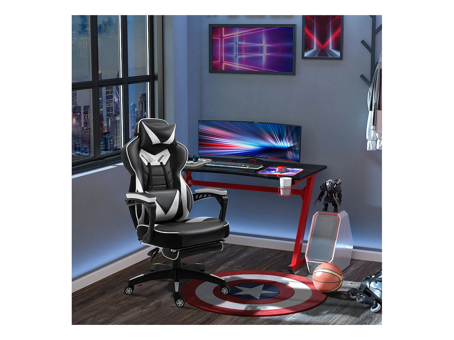 Vinsetto Fauteuil de bureau gamer style baquet racing - pivotant, inclinable - coussin lombaire, tétière, repose-pieds inclus - revêtement synthétique blanc noir