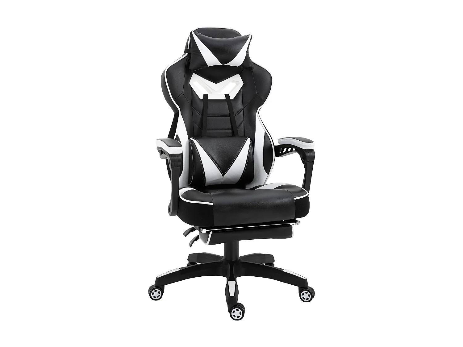 Vinsetto Fauteuil de bureau gamer style baquet racing - pivotant, inclinable - coussin lombaire, tétière, repose-pieds inclus - revêtement synthétique blanc noir