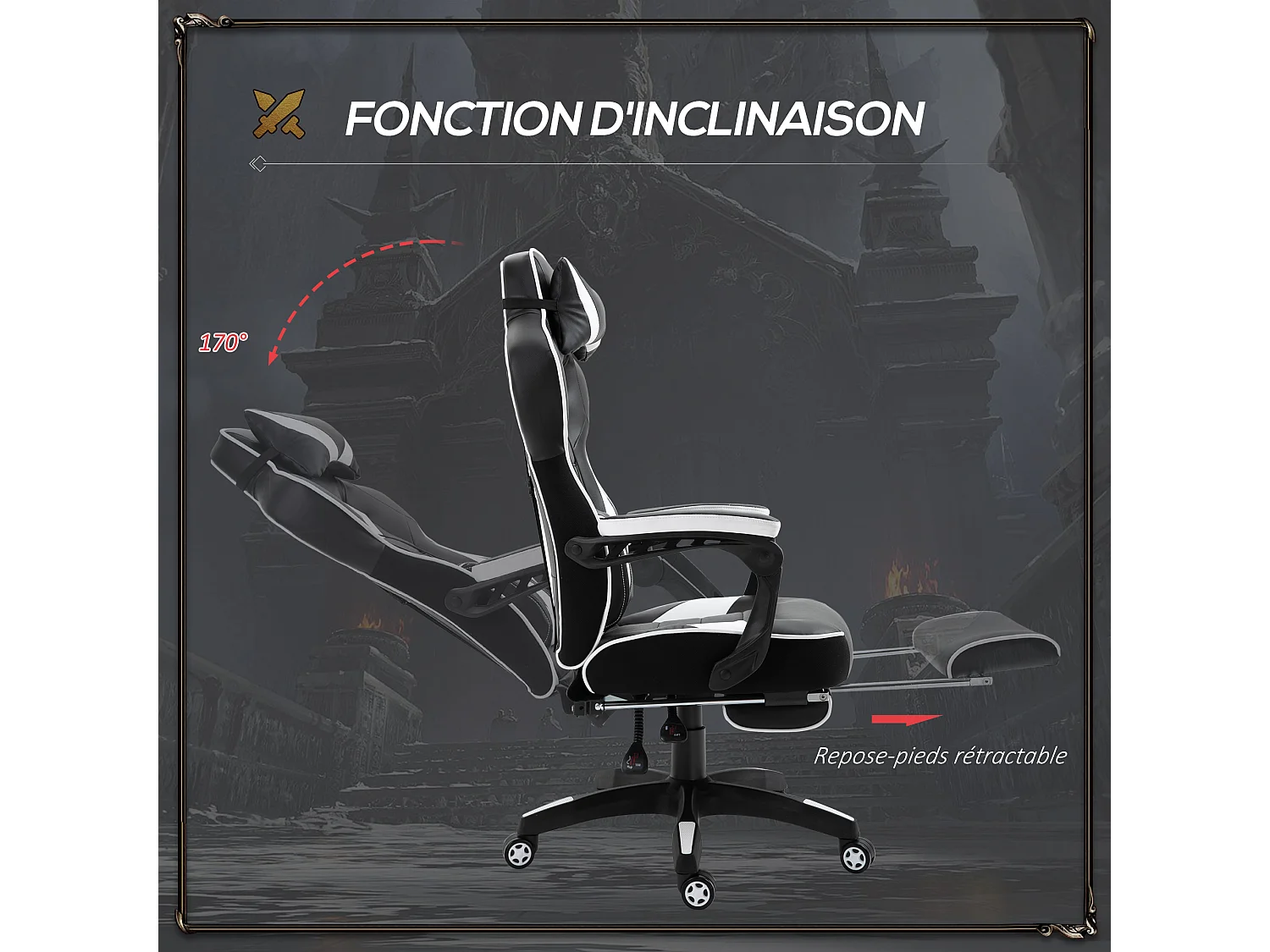 Vinsetto Fauteuil de bureau gamer style baquet racing - pivotant, inclinable - coussin lombaire, tétière, repose-pieds inclus - revêtement synthétique blanc noir