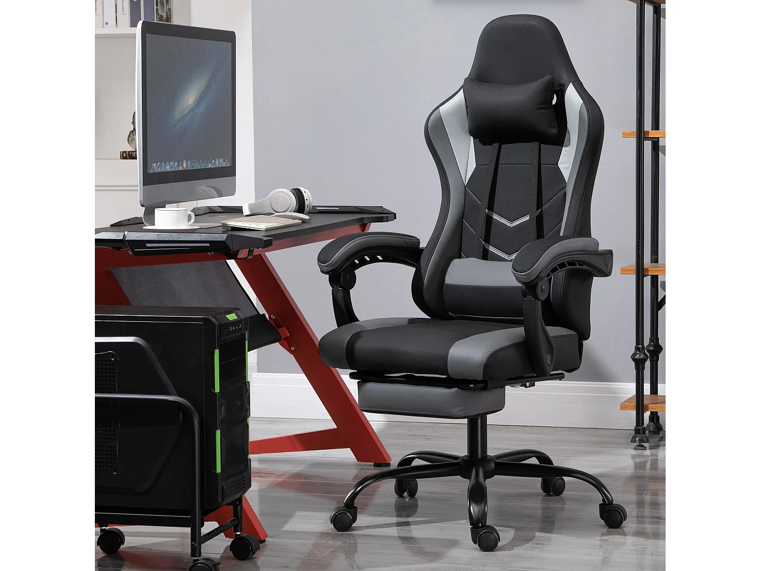 Vinsetto Fauteuil de bureau gamer style baquet racing - pivotant, inclinable - coussin lombaire, tétière, repose-pieds inclus - revêtement synthétique gris noir