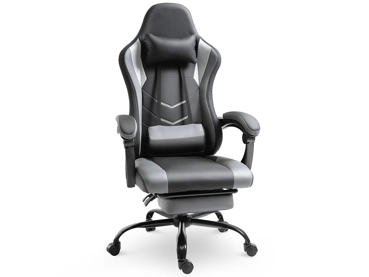 Vinsetto Fauteuil de bureau gamer style baquet racing - pivotant, inclinable - coussin lombaire, tétière, repose-pieds inclus - revêtement synthétique gris noir