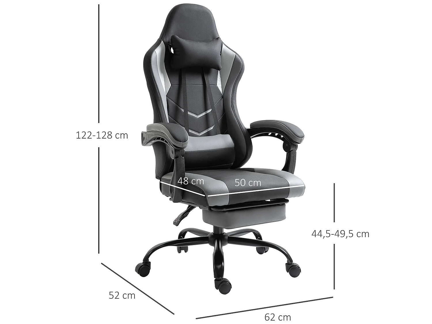 Vinsetto Fauteuil de bureau gamer style baquet racing - pivotant, inclinable - coussin lombaire, tétière, repose-pieds inclus - revêtement synthétique gris noir