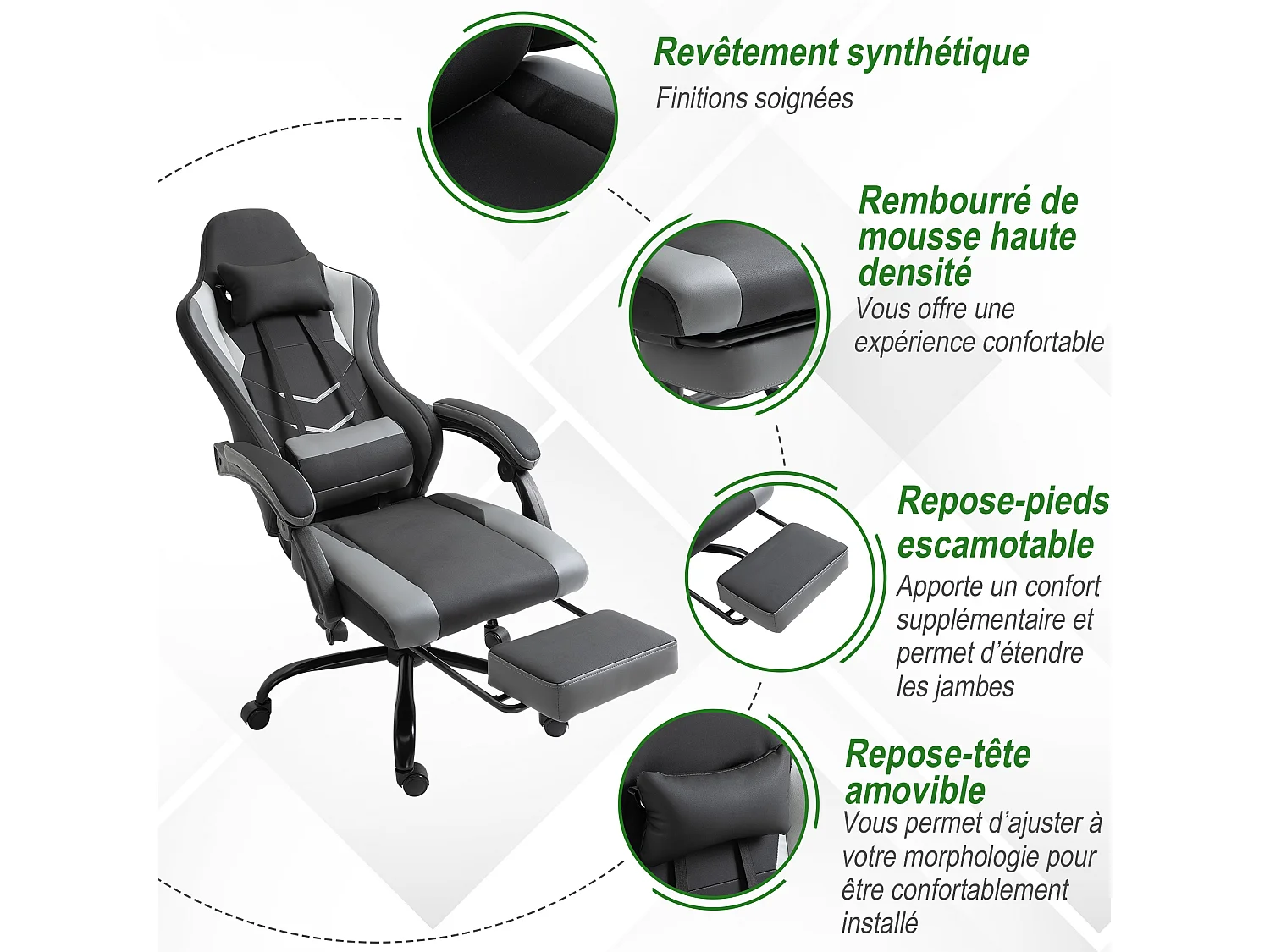Vinsetto Fauteuil de bureau gamer style baquet racing - pivotant, inclinable - coussin lombaire, tétière, repose-pieds inclus - revêtement synthétique gris noir