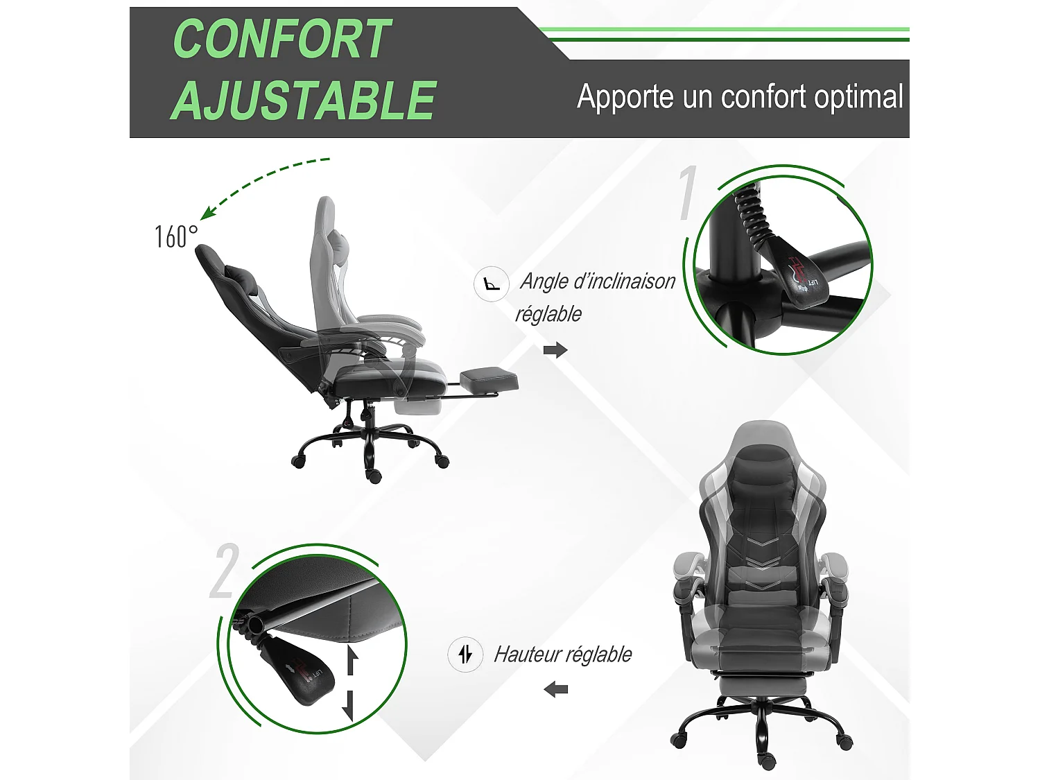 Vinsetto Fauteuil de bureau gamer style baquet racing - pivotant, inclinable - coussin lombaire, tétière, repose-pieds inclus - revêtement synthétique gris noir