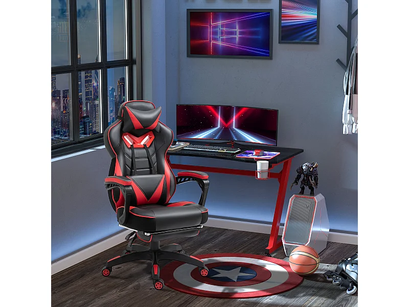 Vinsetto Fauteuil de bureau gamer style baquet racing - pivotant, inclinable - coussin lombaire, tétière, repose-pieds inclus - revêtement synthétique rouge noir
