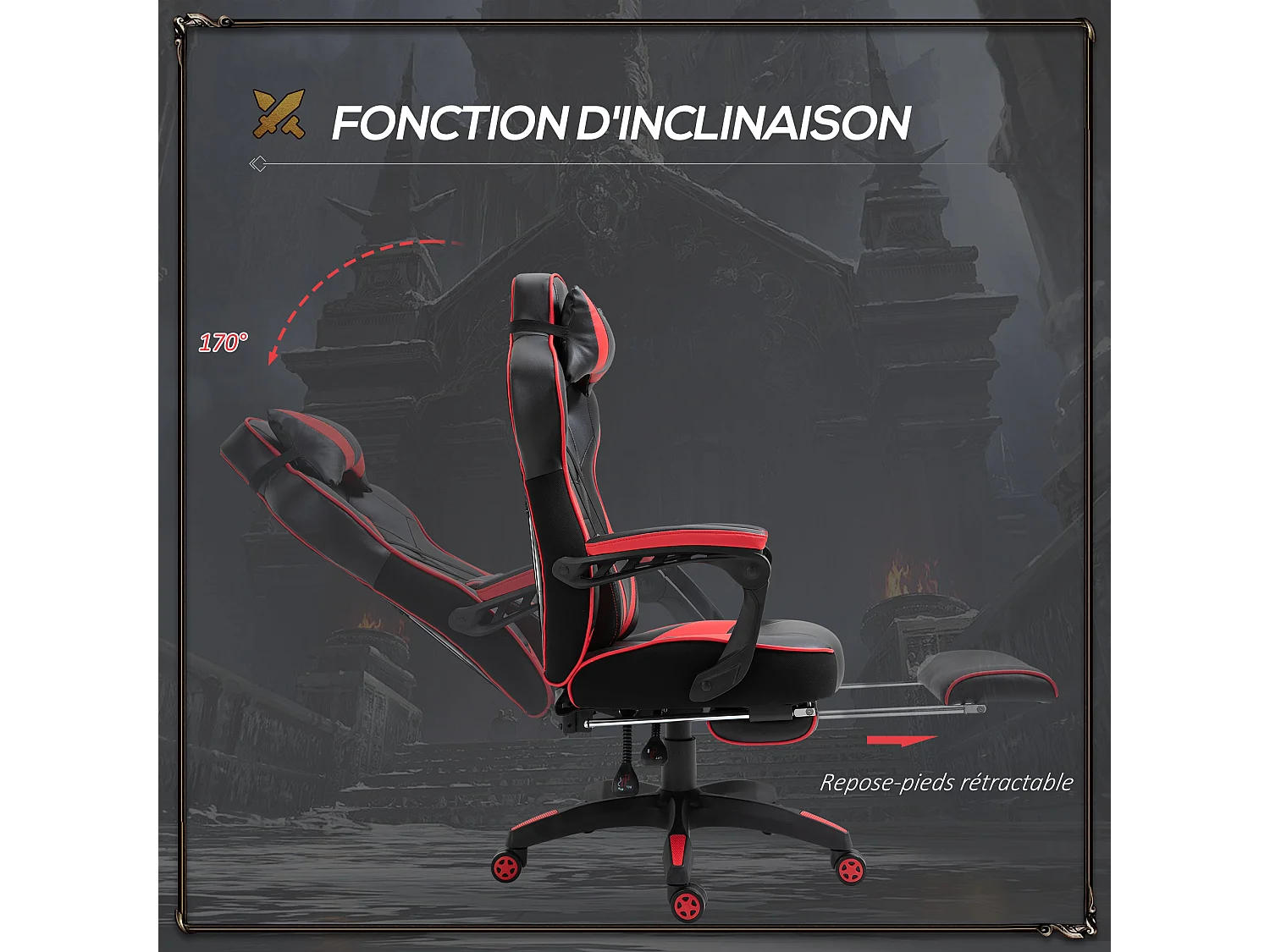 Vinsetto Fauteuil de bureau gamer style baquet racing - pivotant, inclinable - coussin lombaire, tétière, repose-pieds inclus - revêtement synthétique rouge noir