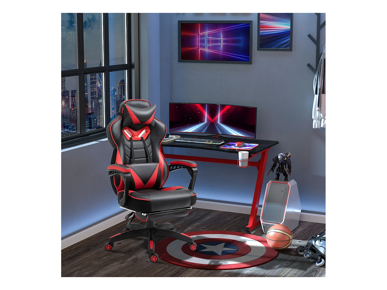 Vinsetto Fauteuil de bureau gamer style baquet racing - pivotant, inclinable - coussin lombaire, tétière, repose-pieds inclus - revêtement synthétique rouge noir